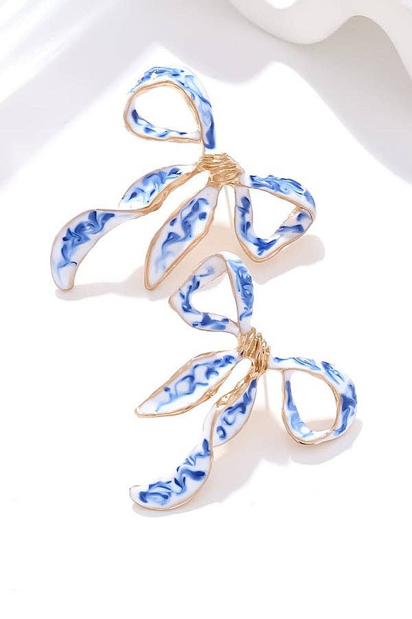 Paisley Blue and White Bow Earrings