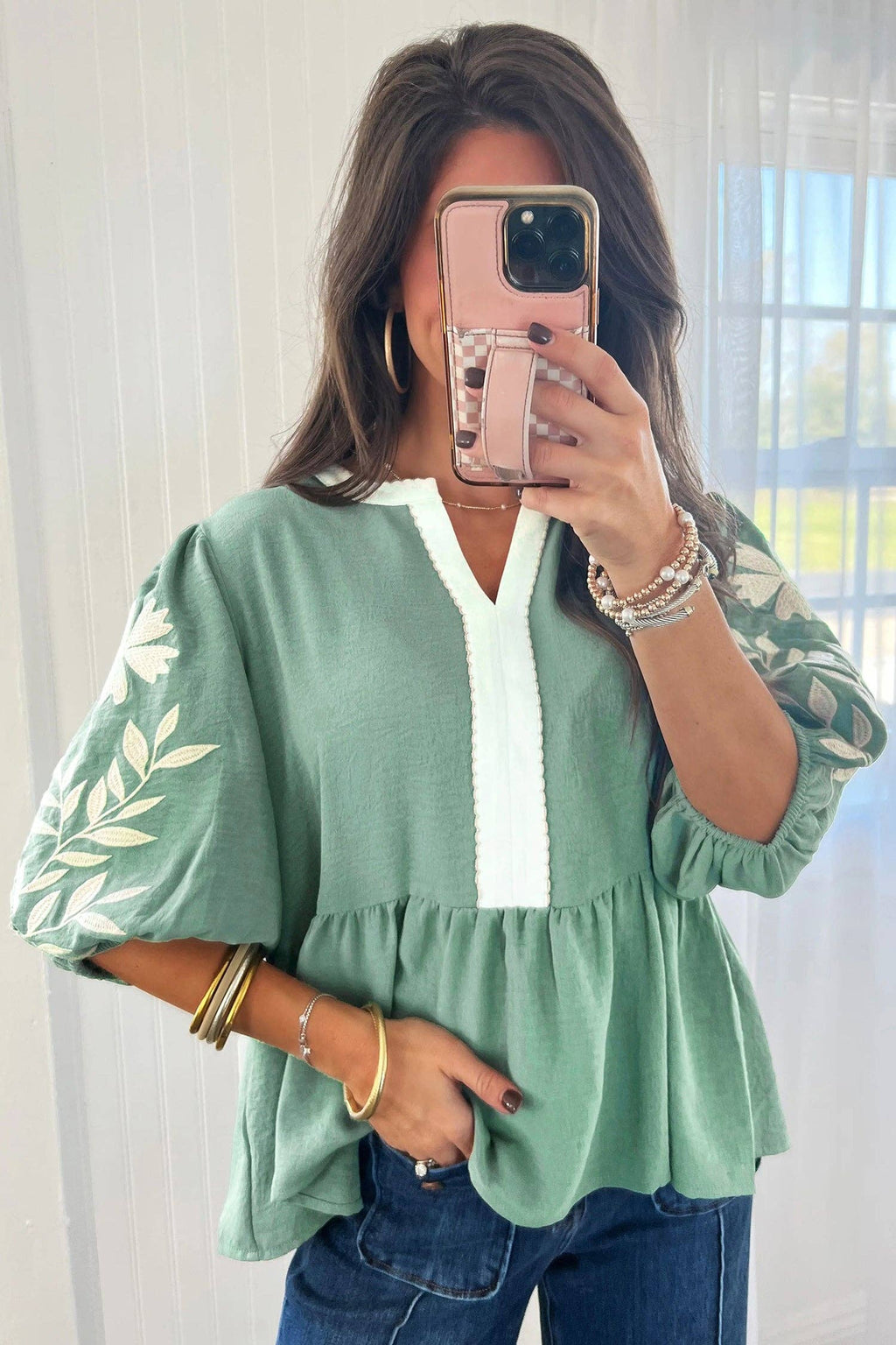 Smoke Green Embroidered Babydoll Blouse