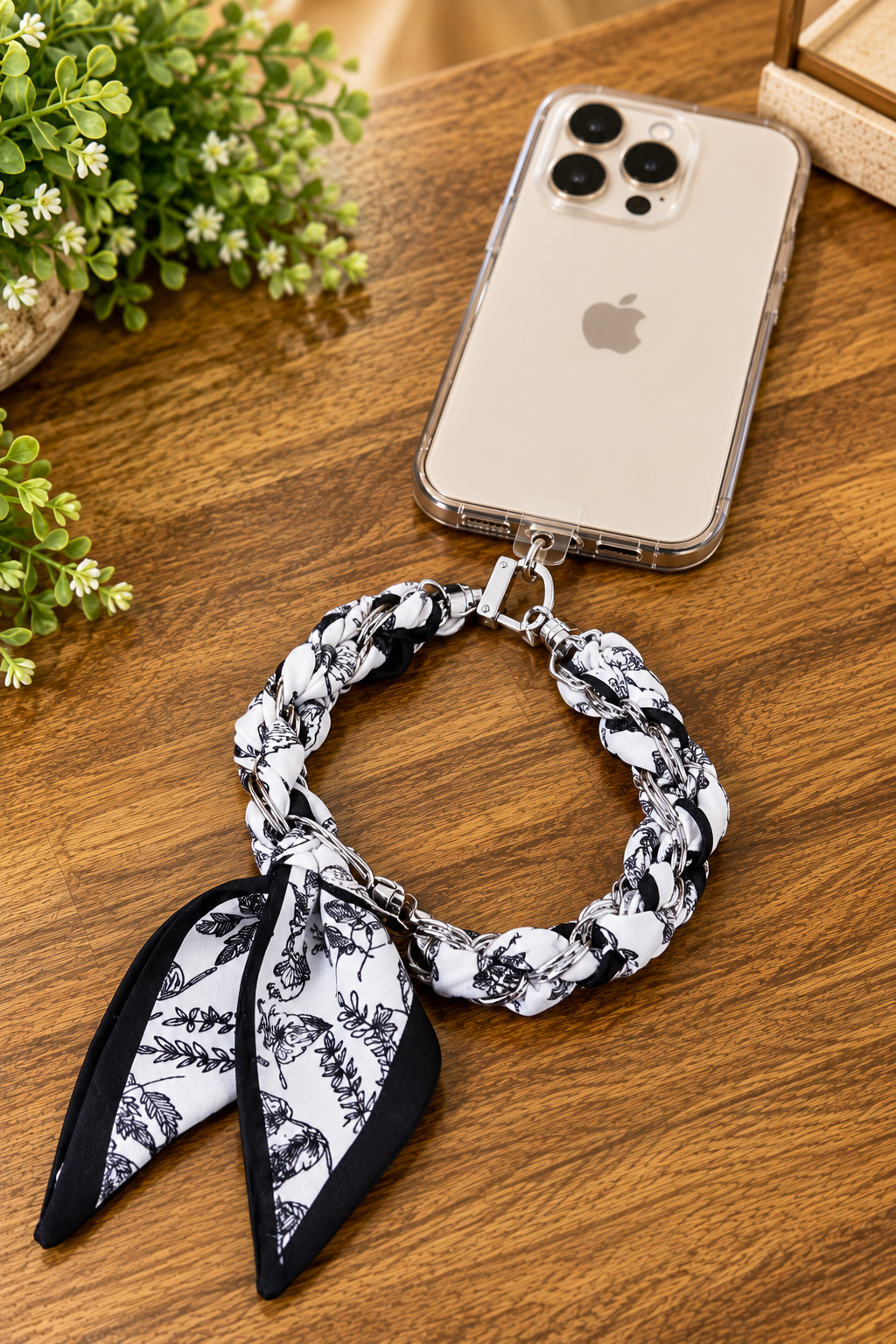 Botanical Scarf Braided Phone Wristlet – Black & White