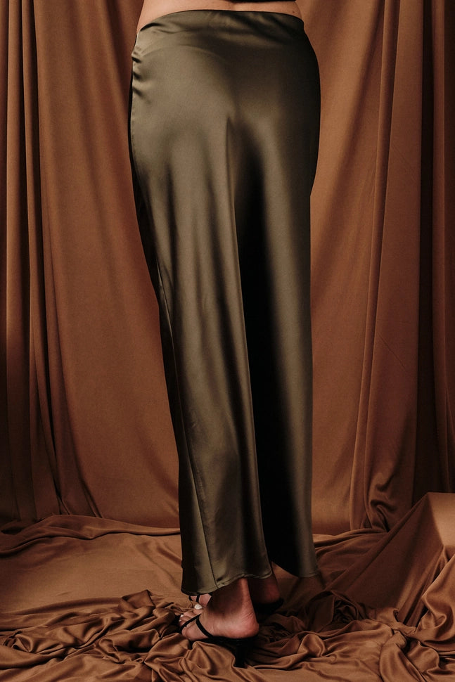 Blair Satin Midi Skirt with Elastic Waist - Olive Green