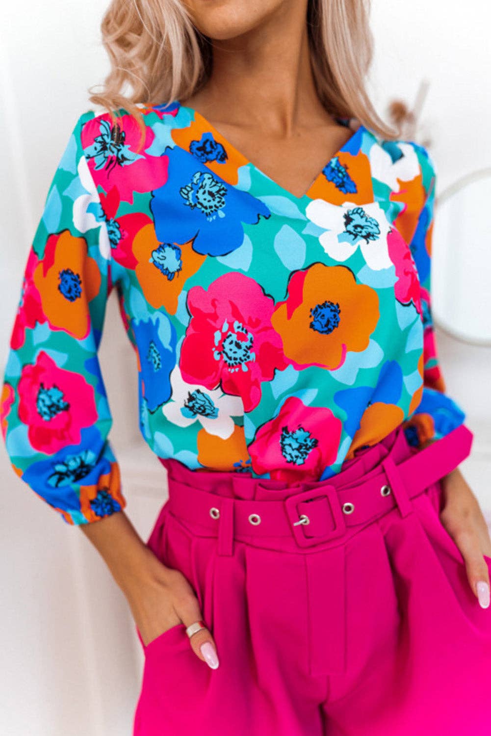 Multicolor Floral Print V Neck 3/4 Sleeve Blouse - FINAL SALE 50% OFF