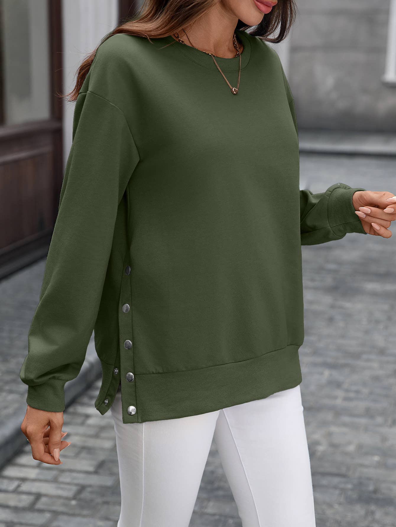 Side Button Crew Neck Sweatshirt