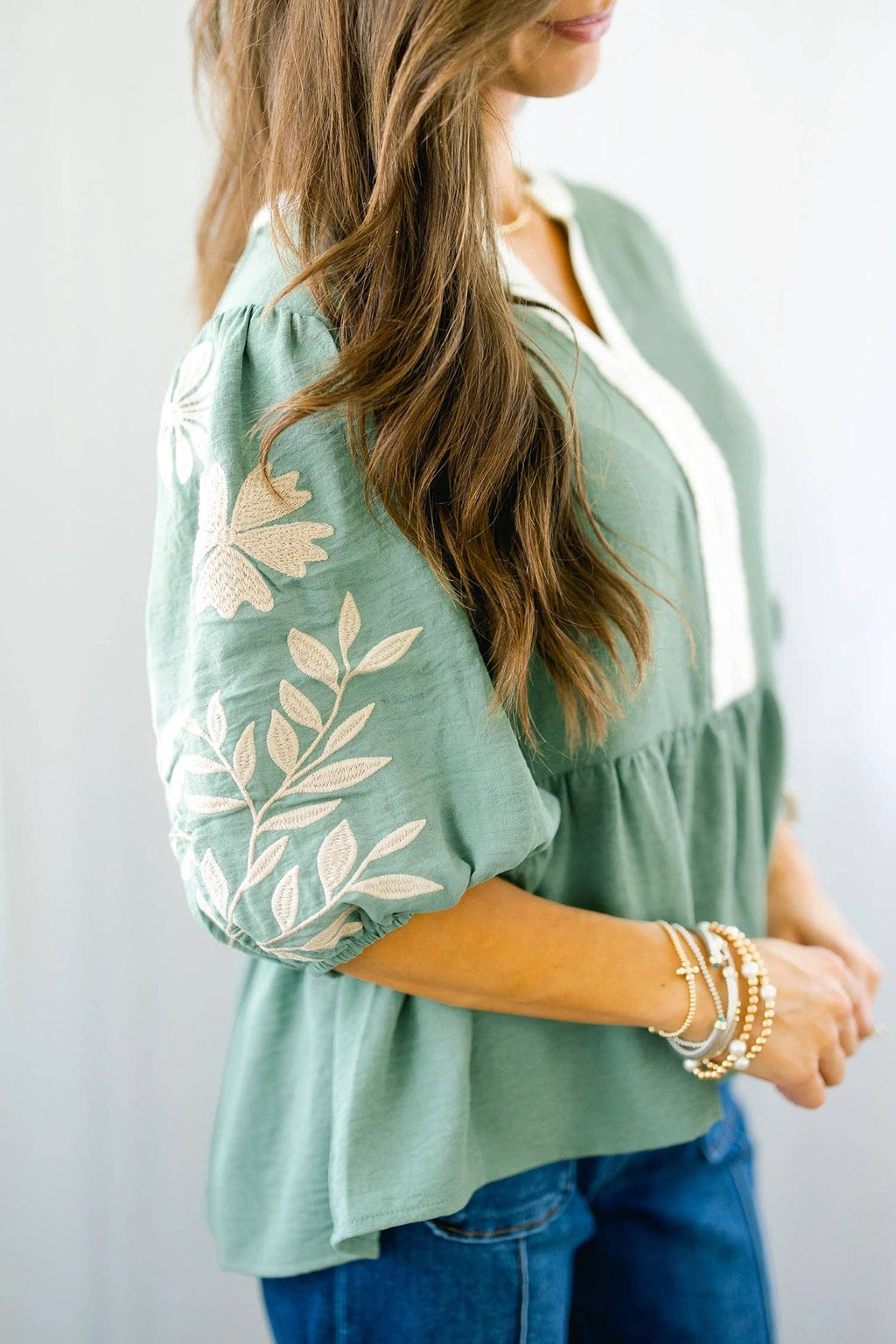 Smoke Green Embroidered Babydoll Blouse