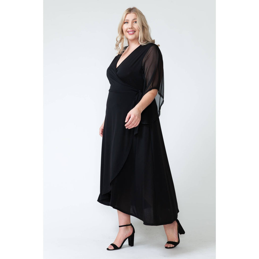 Plus Size V Neck Overlap Wrap Mesh Maxi Dress- FINAL SALE 50% OFF