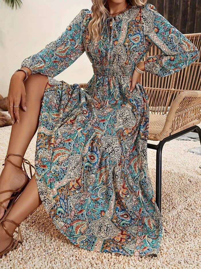 Boho Print Tie-Up Long-Sleeved Dress