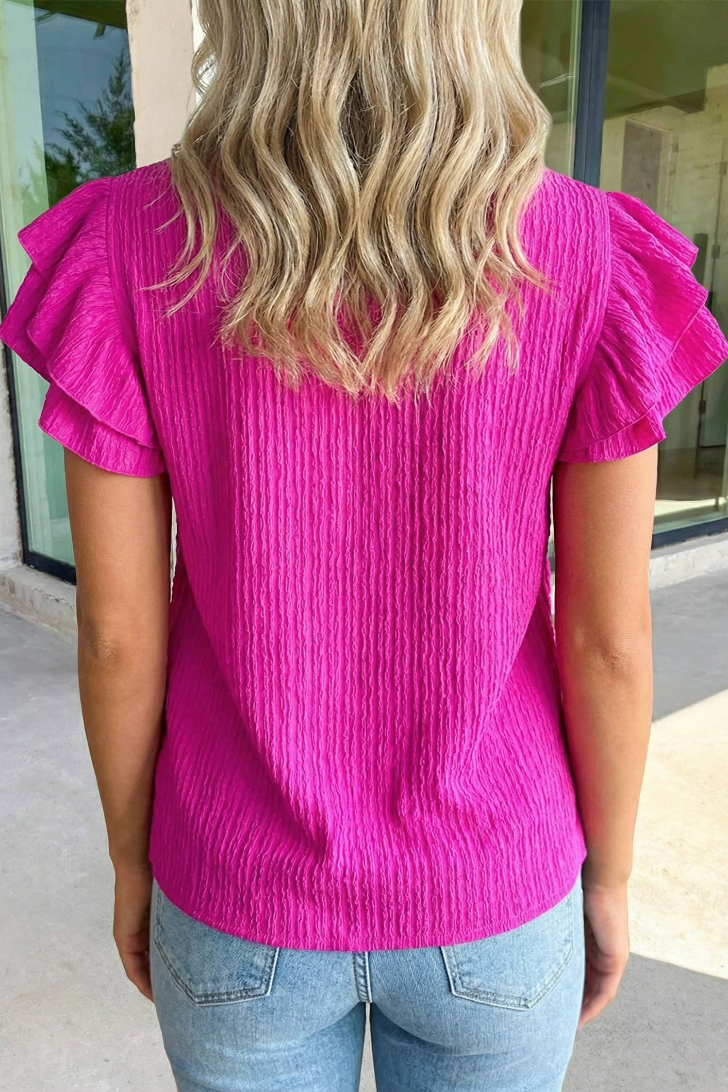 Fuchsia Textured Ruffle Sleeve Blouse