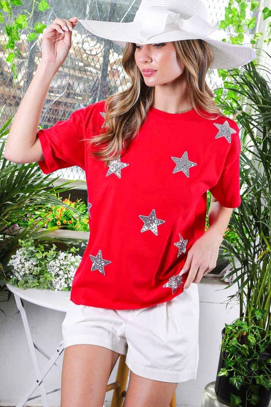 Star Sequin Crew Neck 100%Cotton Knit Top