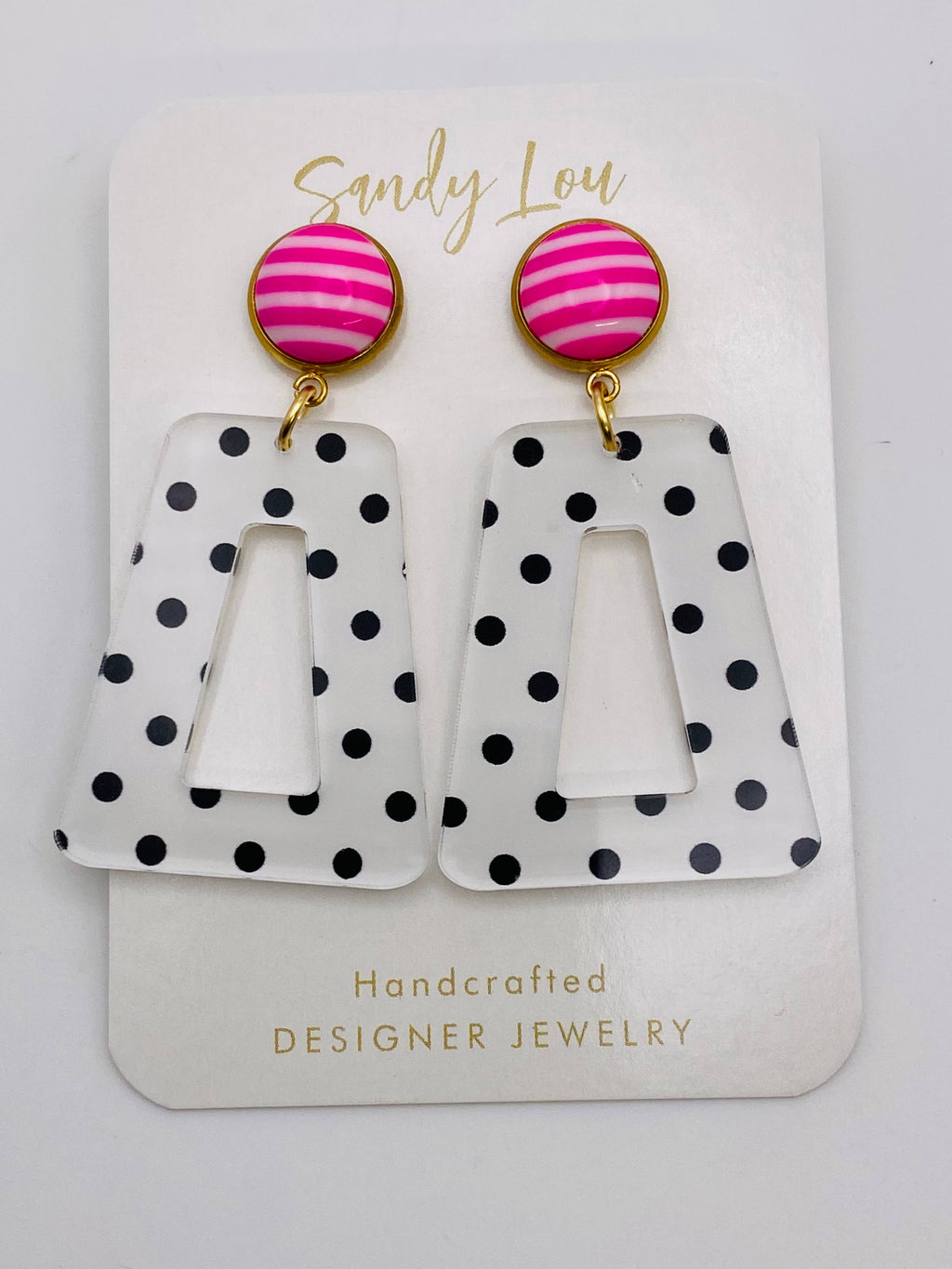 Fun Polka Dots With Pink and White Stripe Button Earrings