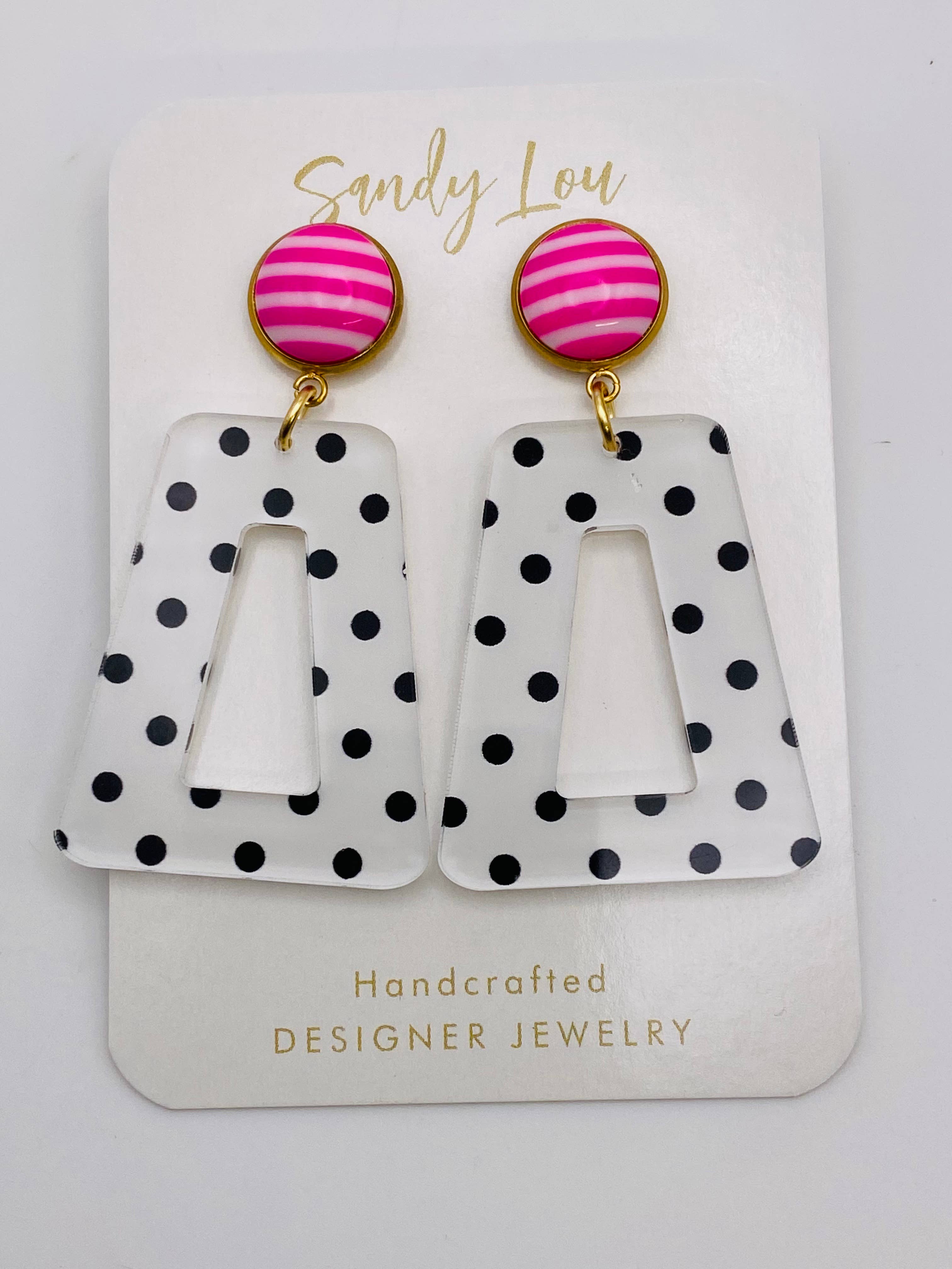 Fun Polka Dots With Pink and White Stripe Button Earrings