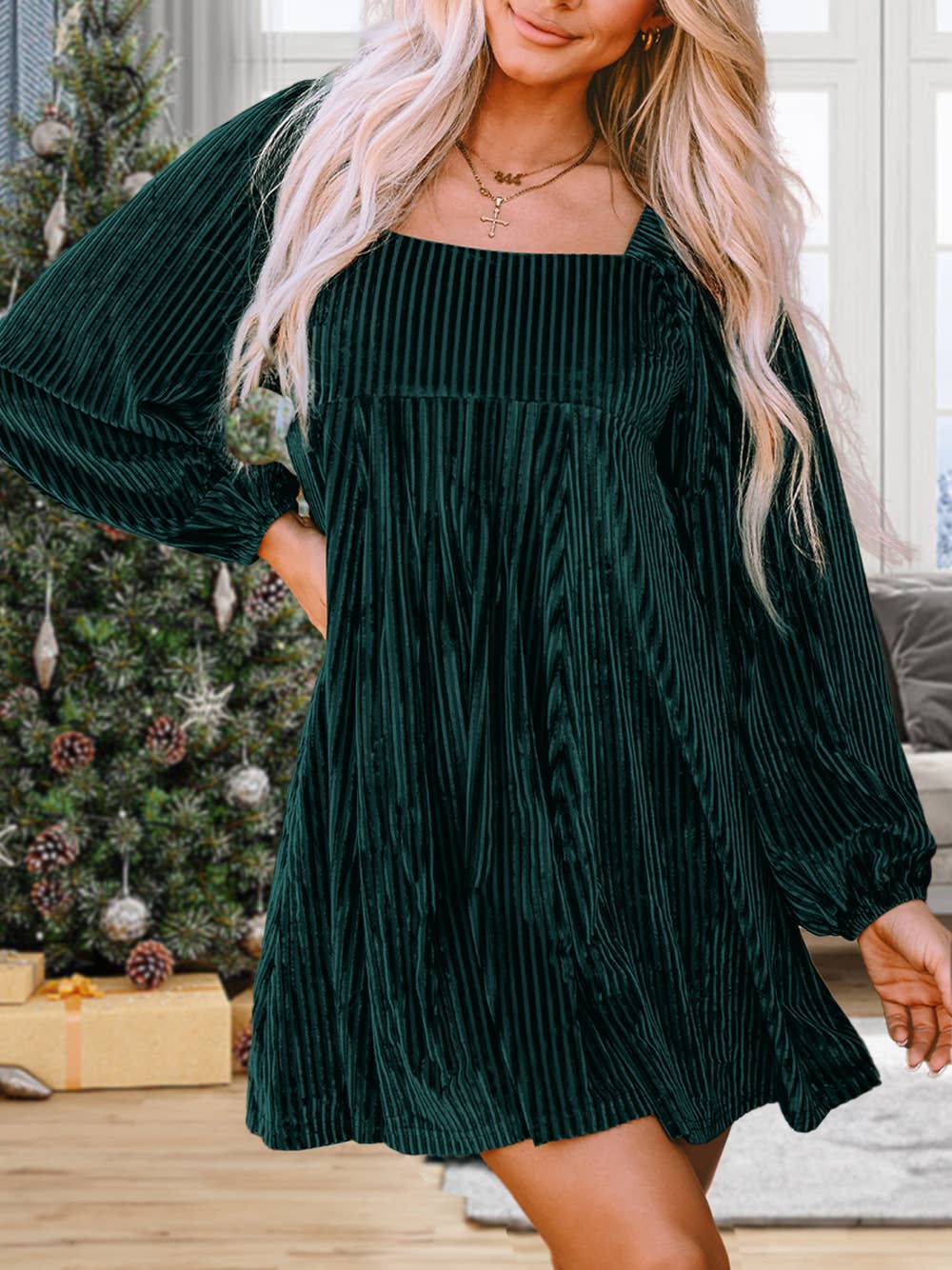 Emerald Tie Back Velvet Babydoll Dress