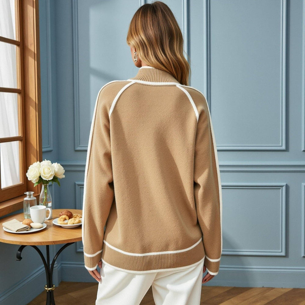 Kimmi Knit Sweater with Contrast Trim and Mock Neck