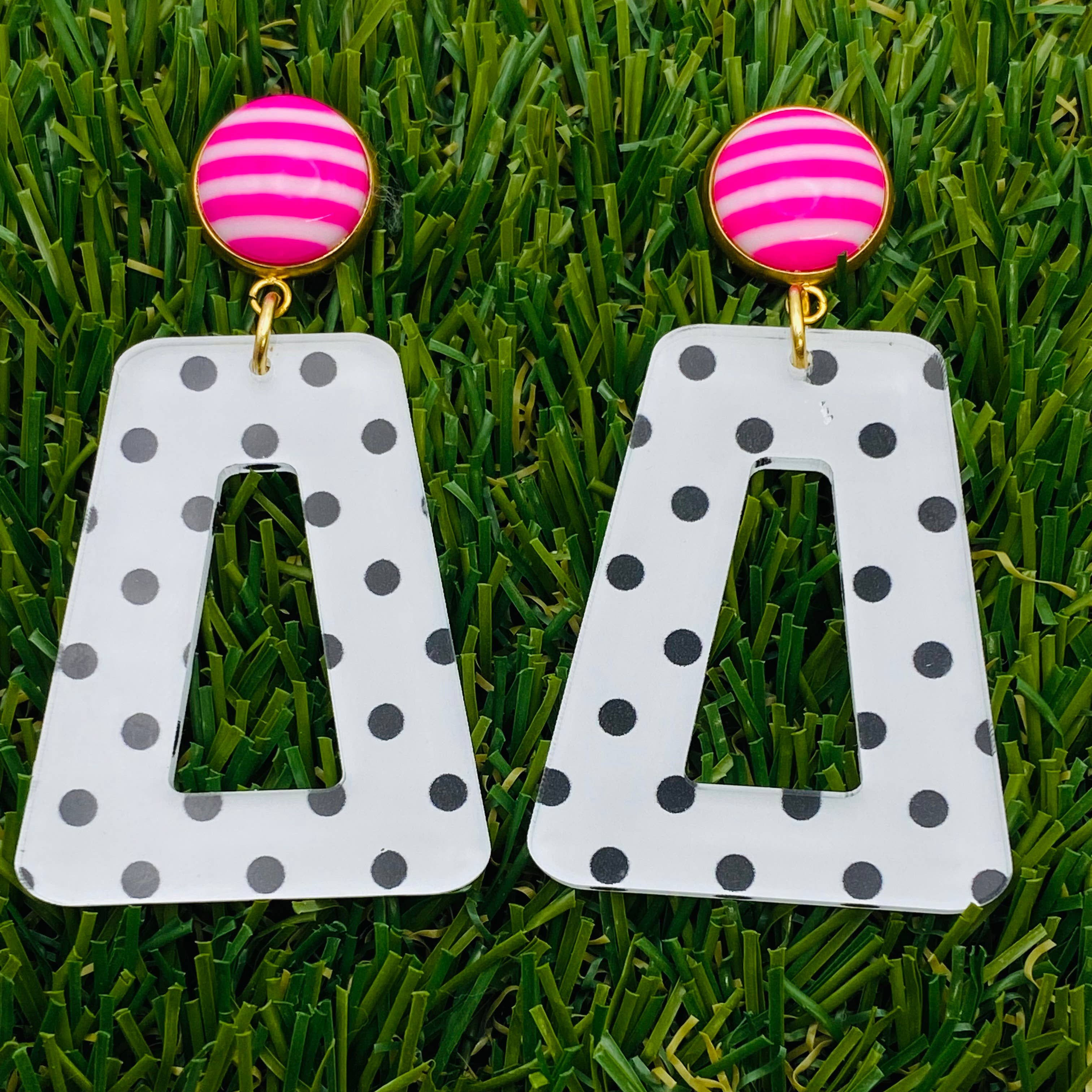 Fun Polka Dots With Pink and White Stripe Button Earrings