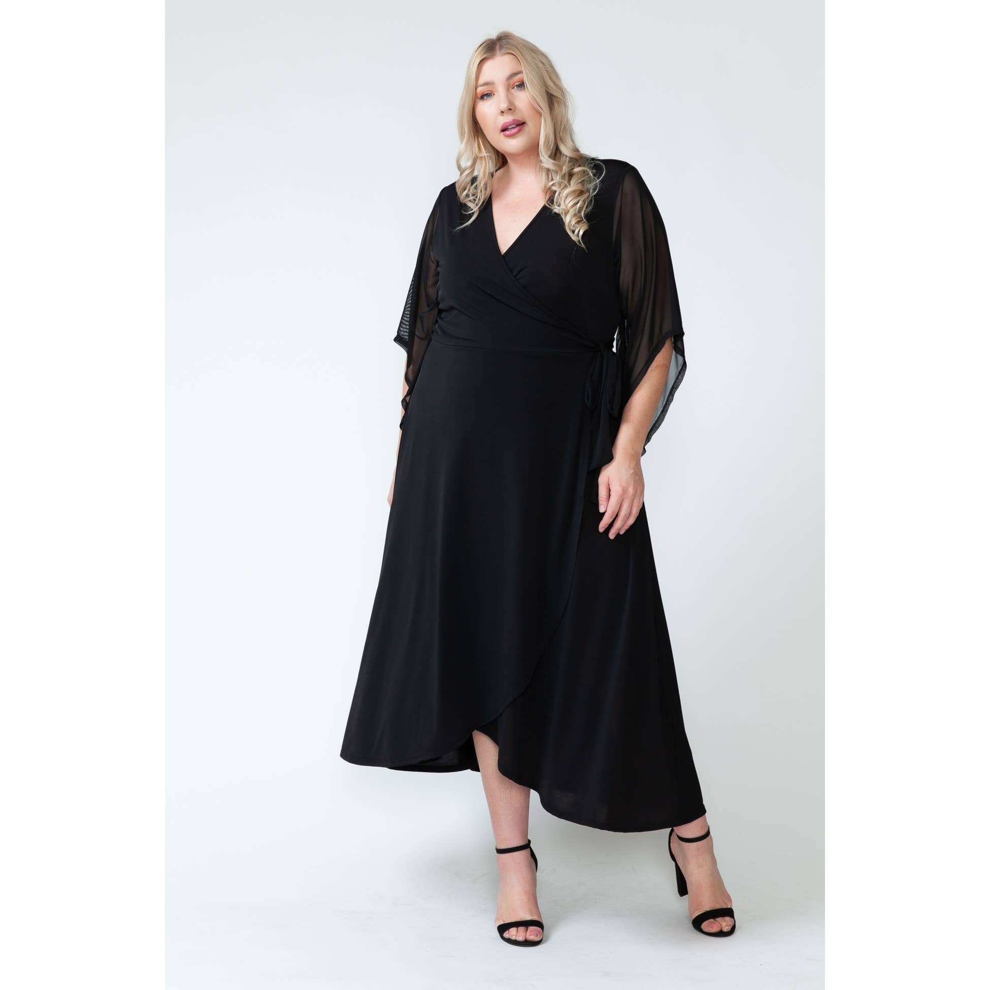 Plus Size V Neck Overlap Wrap Mesh Maxi Dress- FINAL SALE 50% OFF