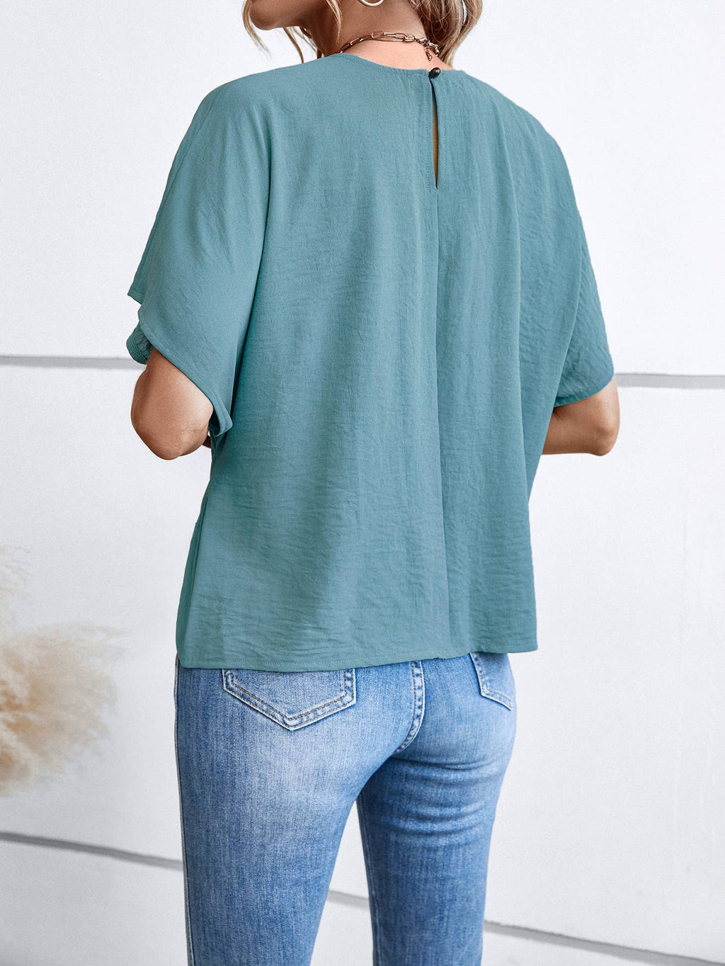 Short Sleeve Tie Side Loose Fit Blouse Top