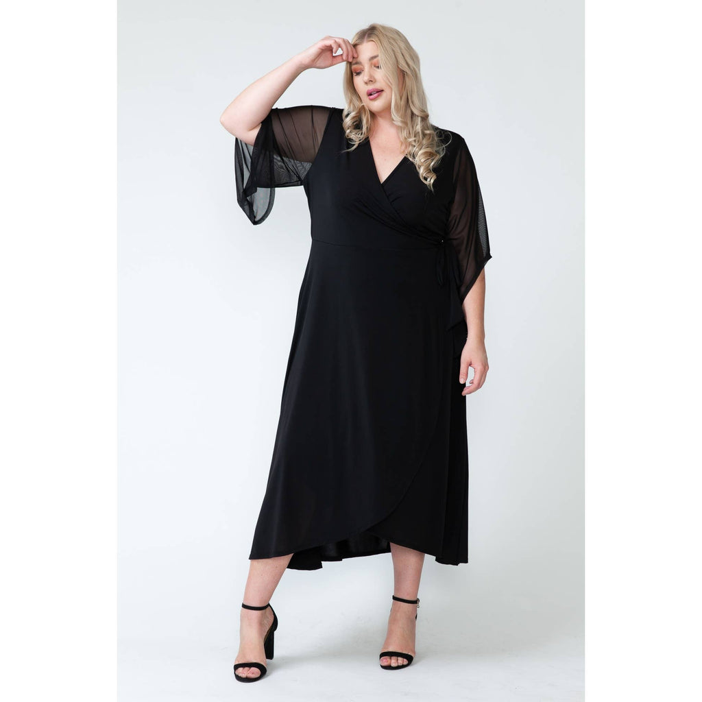 Plus Size V Neck Overlap Wrap Mesh Maxi Dress- FINAL SALE 50% OFF