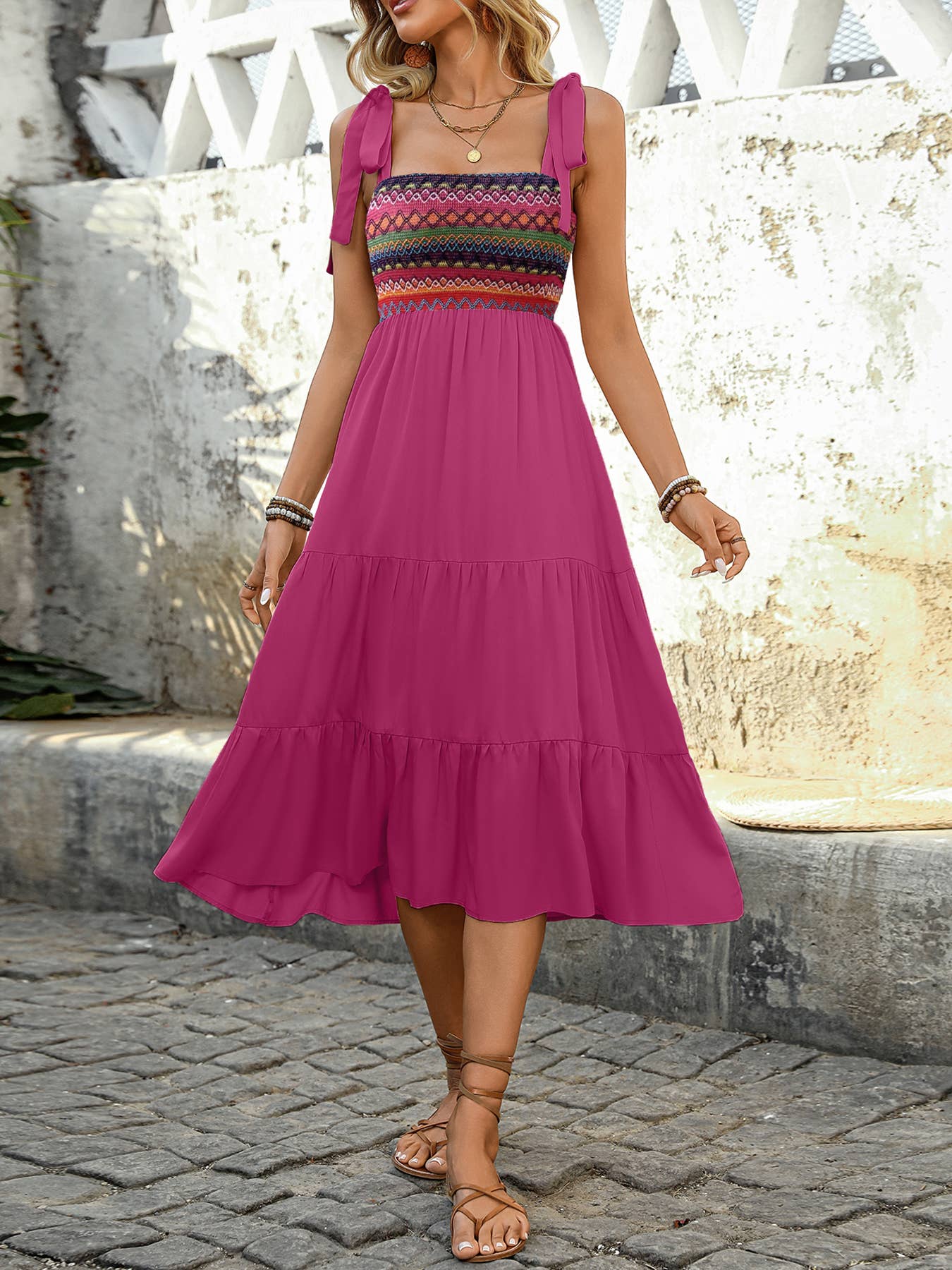 Fuchsia Smocked Midi Dress with Shoulder Tie Straps