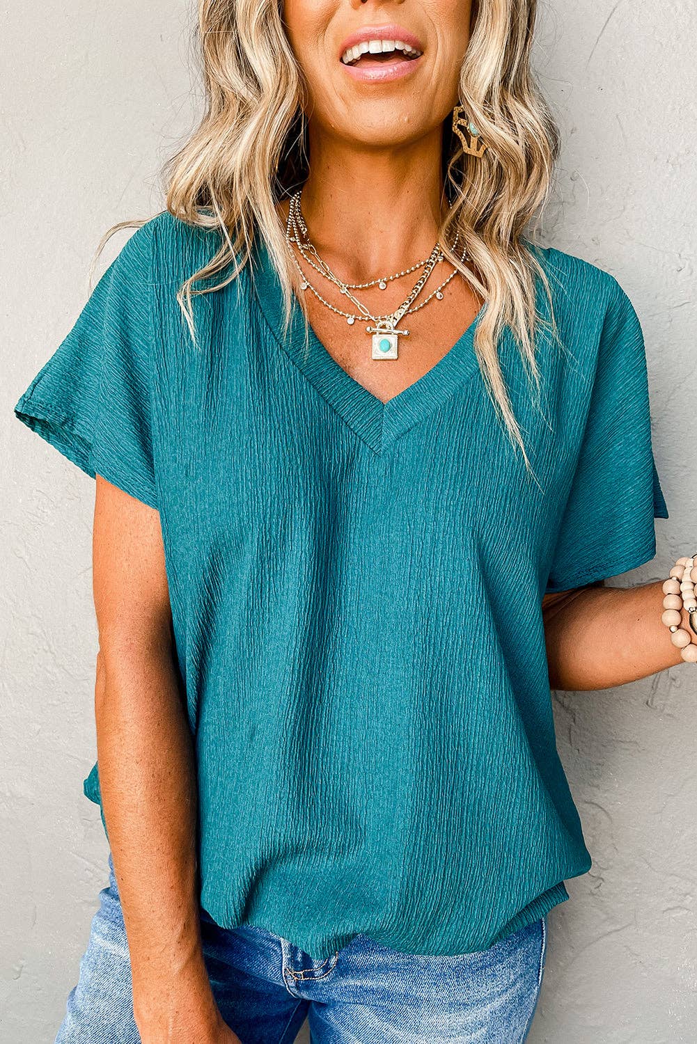 Sapphire Crinkled V Neck Wide Sleeve T-shirt- FINAL SALE 50% OFF