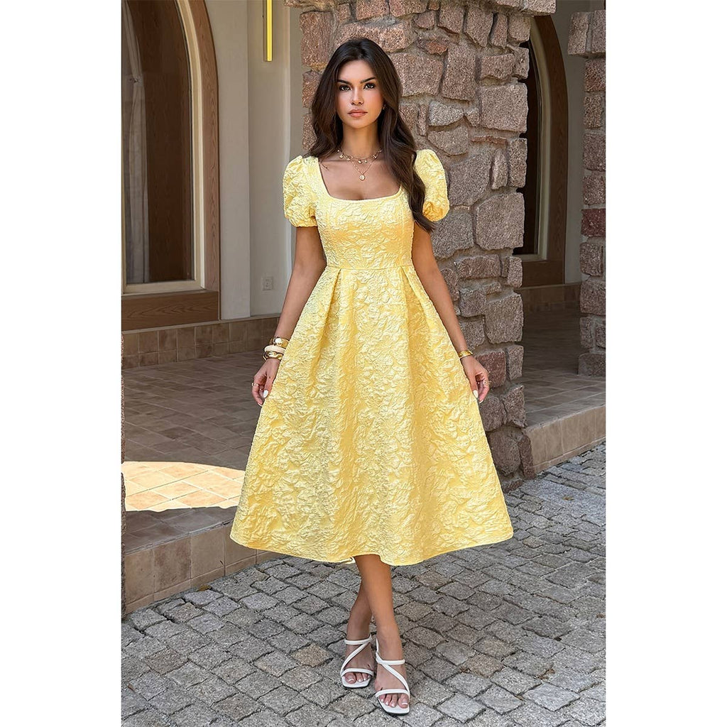 Solid Square Neck Puff Sleeve Midi Dress