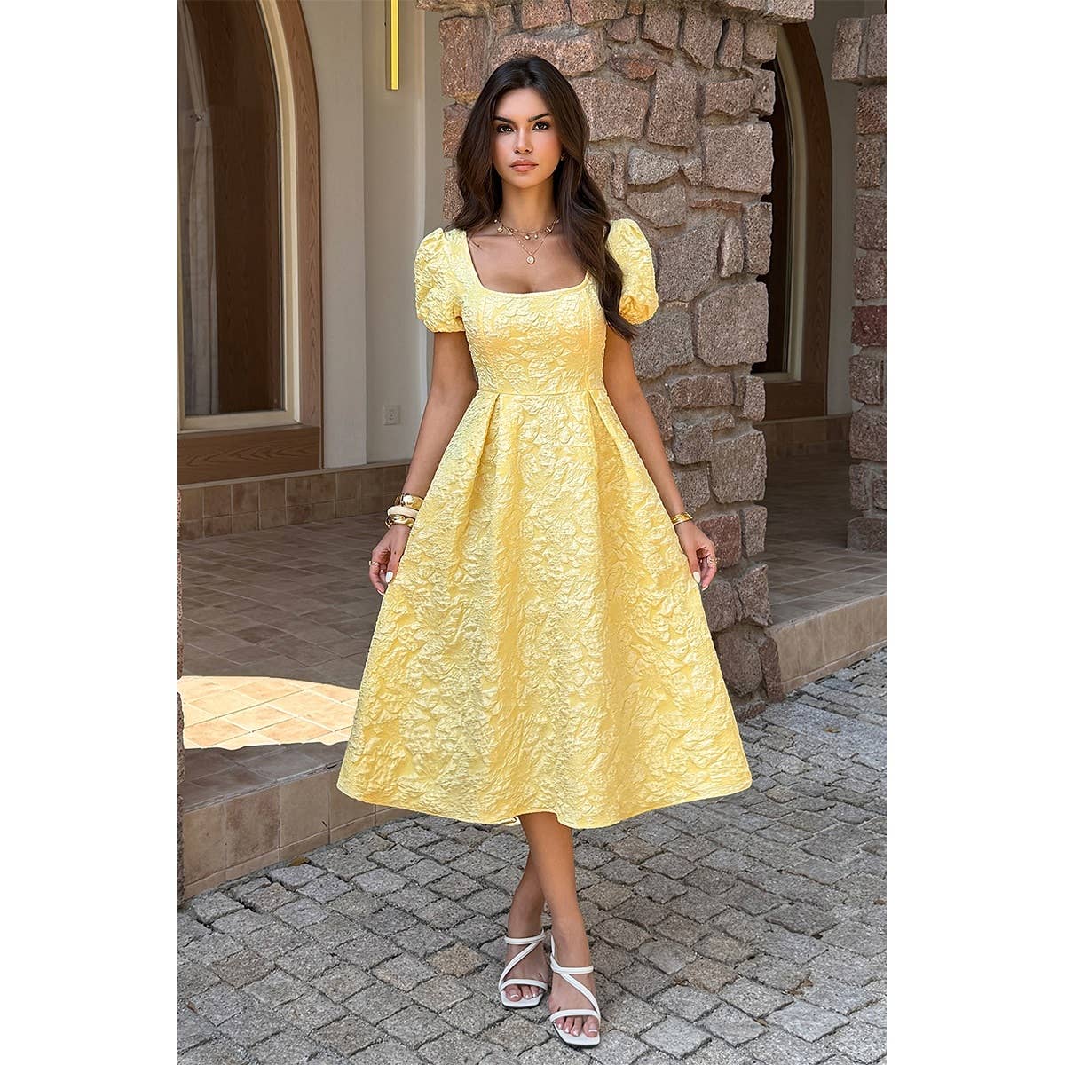 Solid Square Neck Puff Sleeve Midi Dress