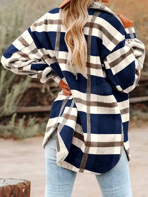 Navy Camel Plaid Button Flannel Shacket