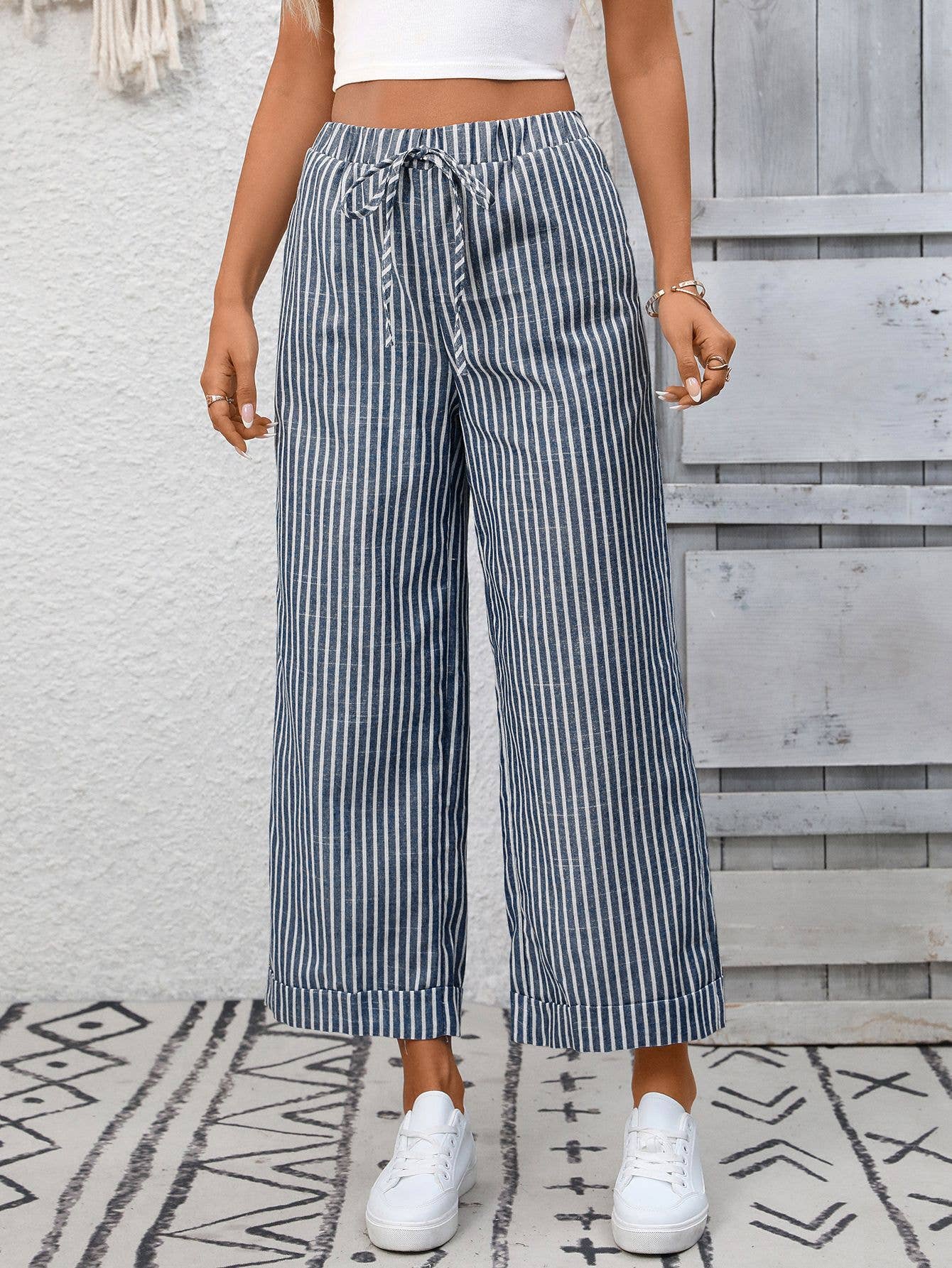 Striped Drawstring Wide Leg Lounge Pants