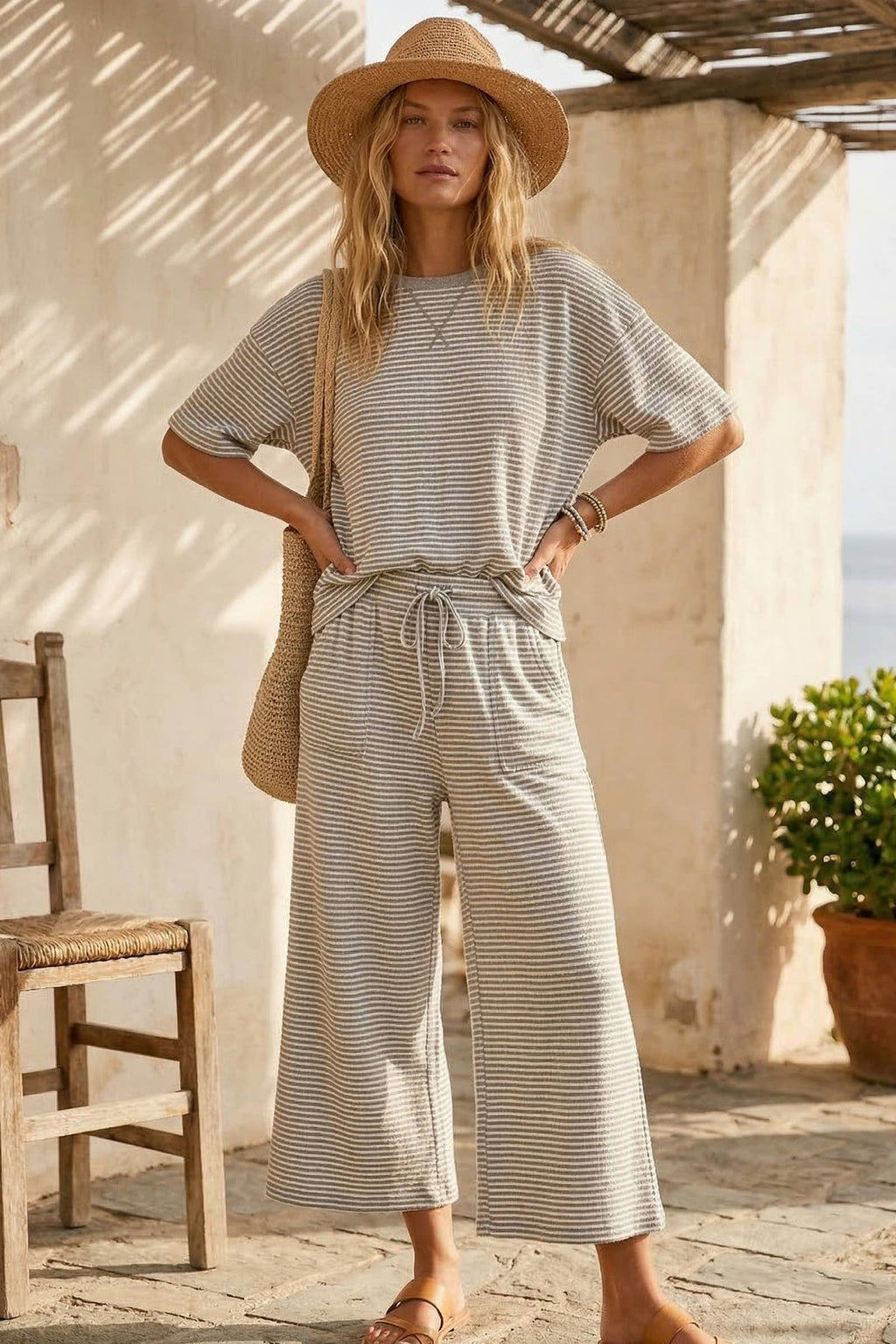 Heather Grey Striped Knit Top and Pant Set