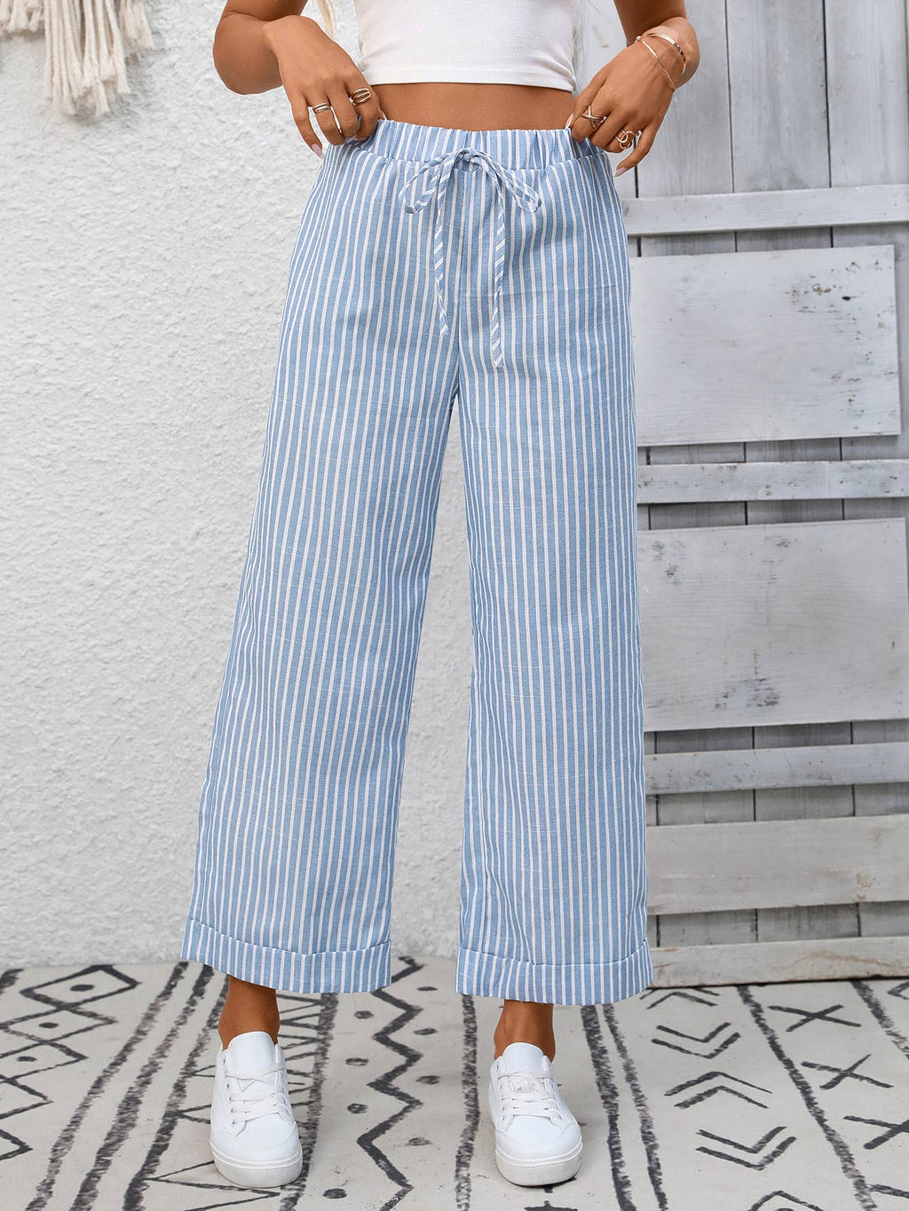 Striped Drawstring Wide Leg Lounge Pants