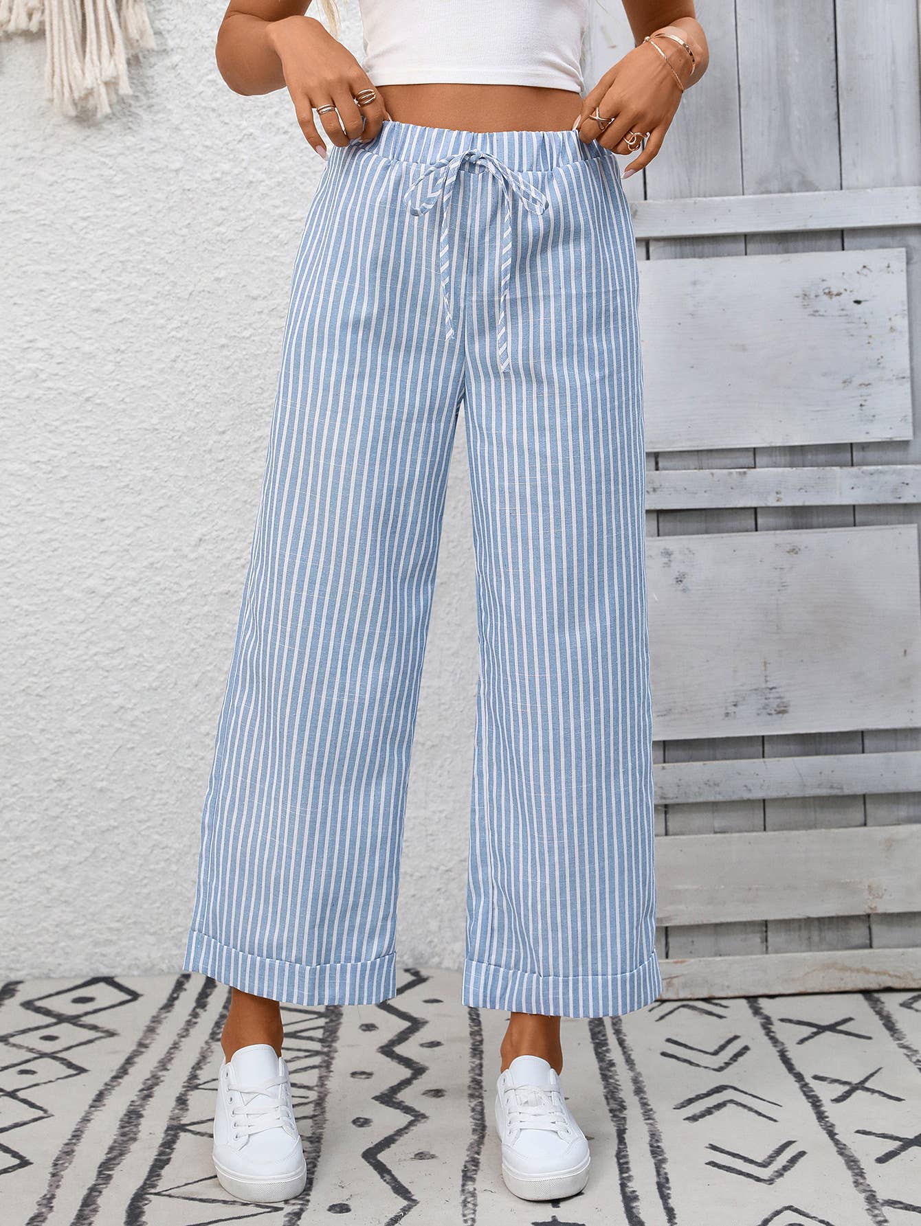 Striped Drawstring Wide Leg Lounge Pants