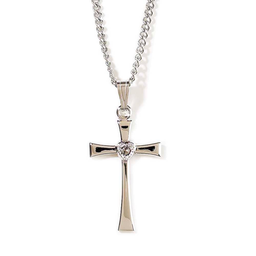 Silver Plated Cross With Heart Shaped CZ Necklace