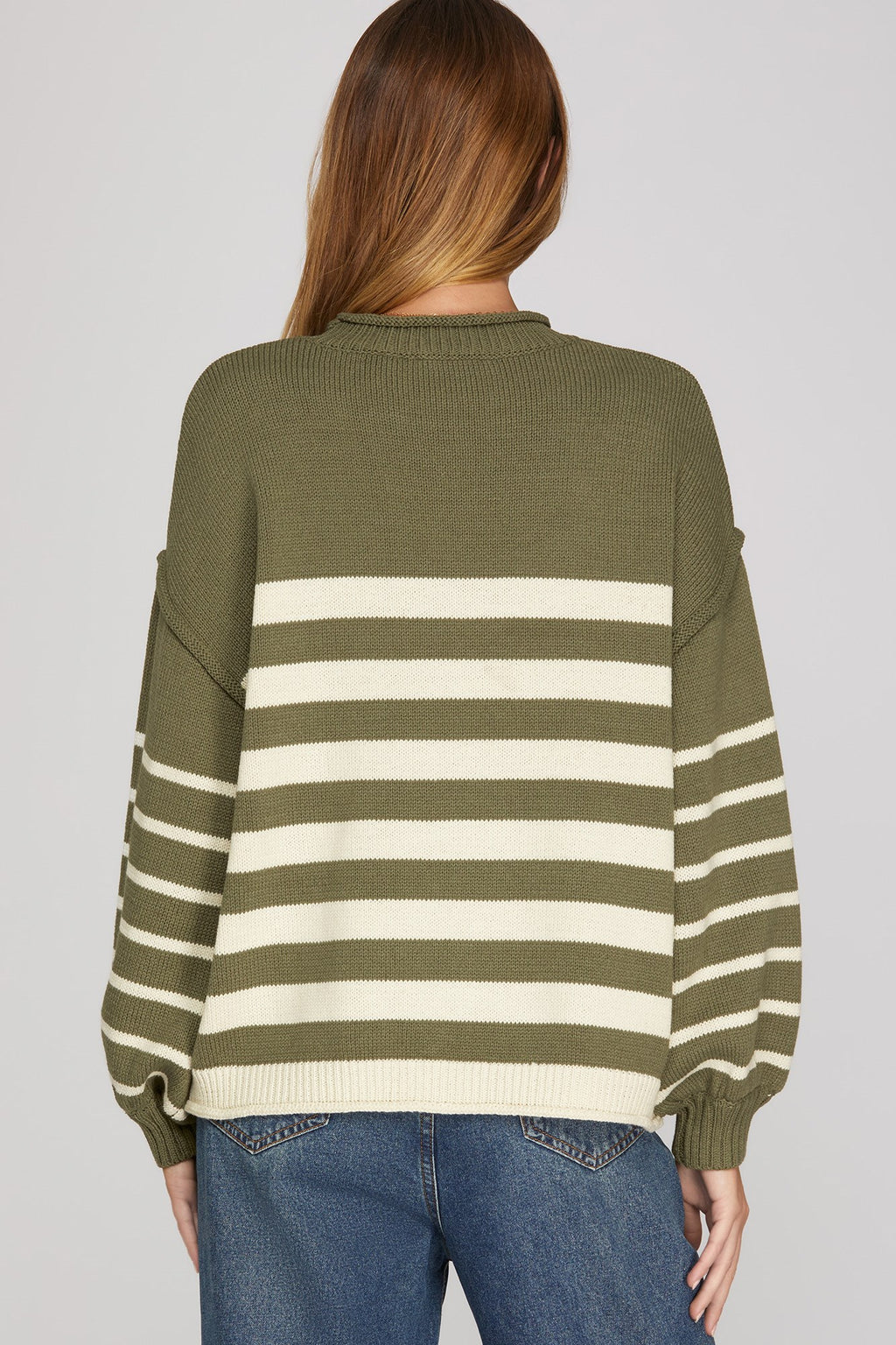 She+Sky Olive Green & Ivory Striped Sweater