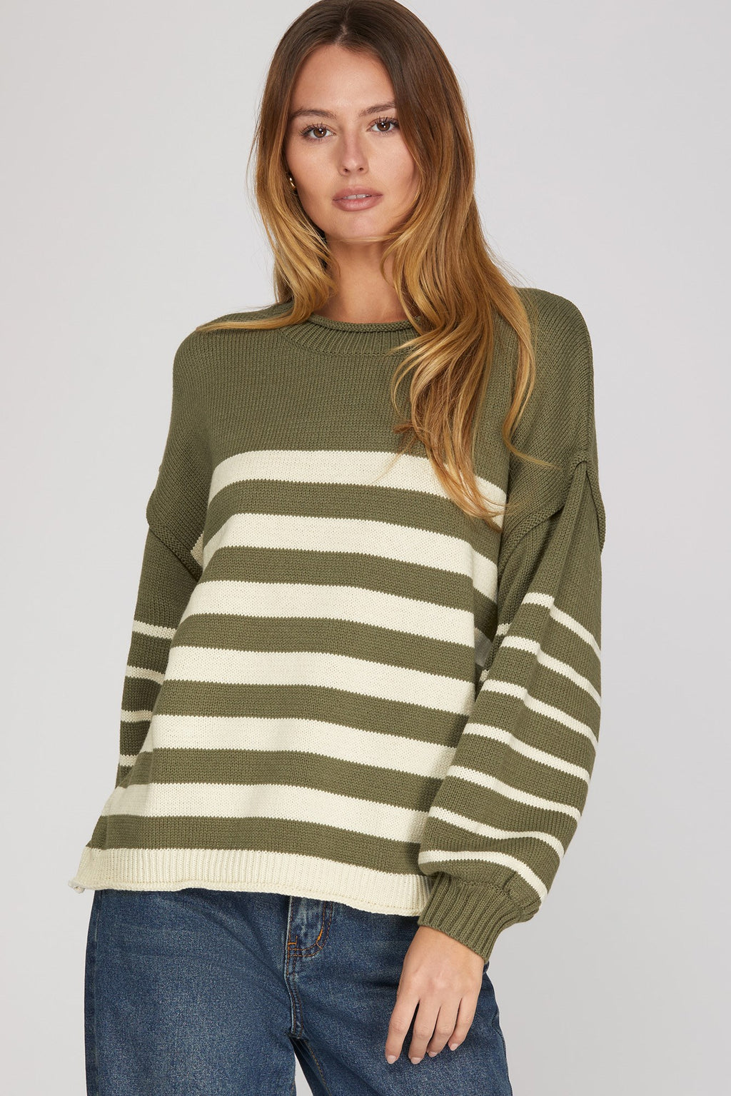 She+Sky Olive Green & Ivory Striped Sweater
