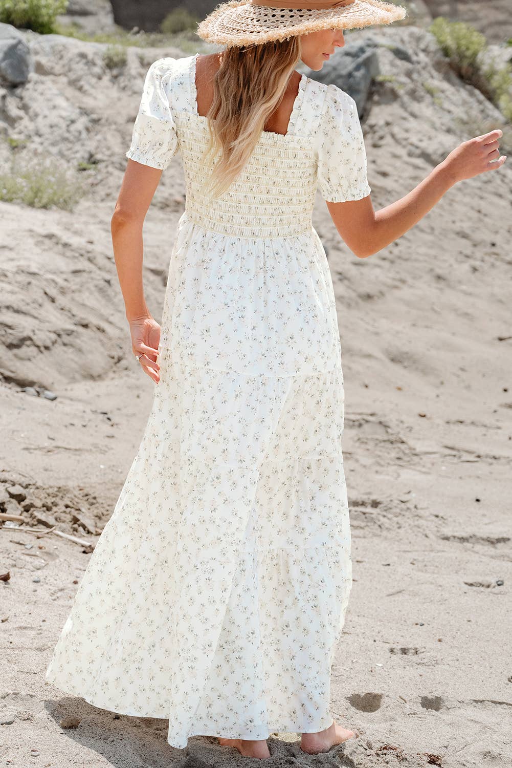 Boho Floral Print Ruffled Shirred Tiered Maxi Dress