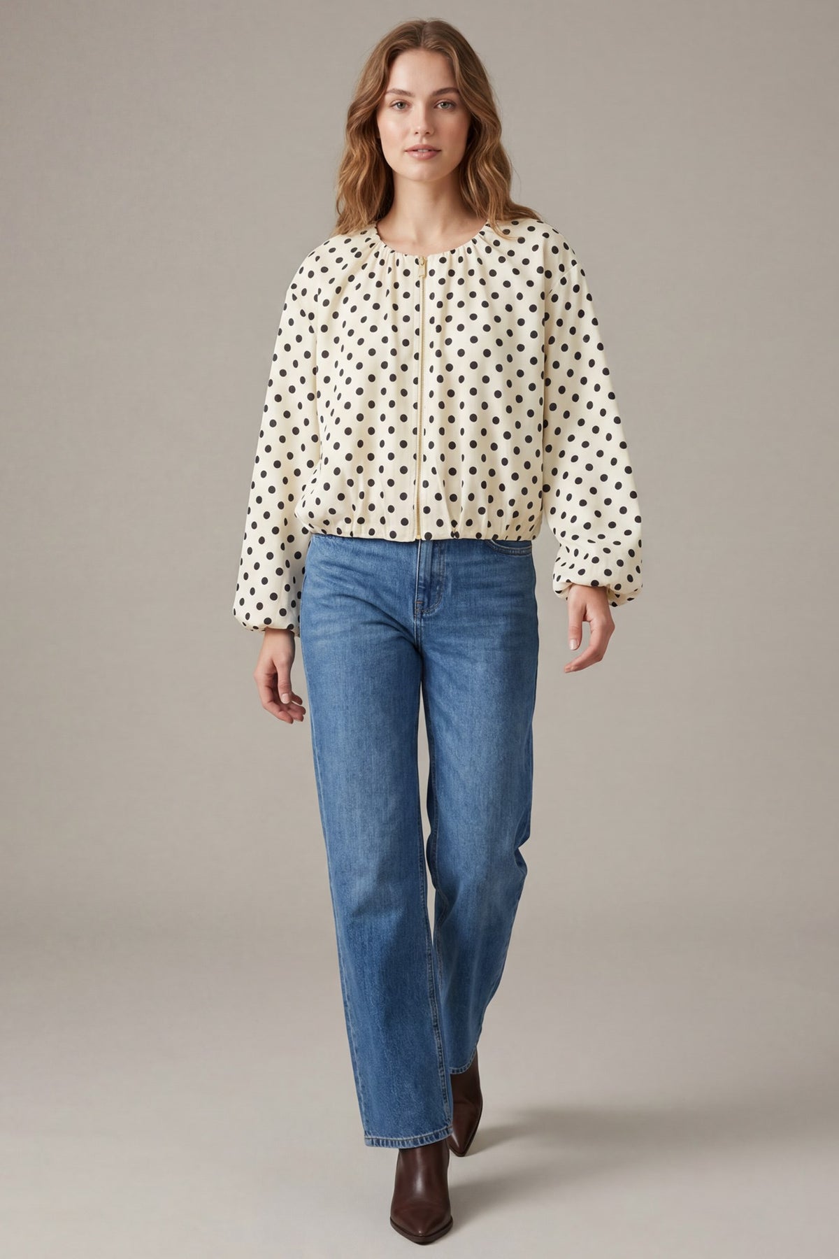She+Sky Ivory & Black Polka Dot Zip Front Blouse