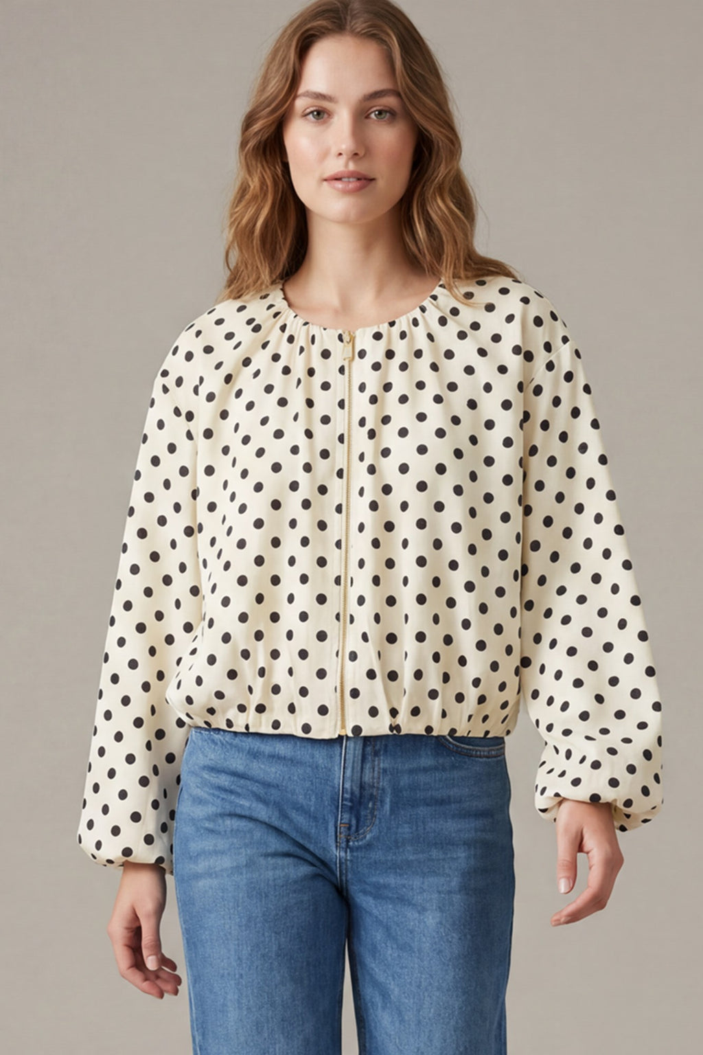 She+Sky Ivory & Black Polka Dot Zip Front Blouse