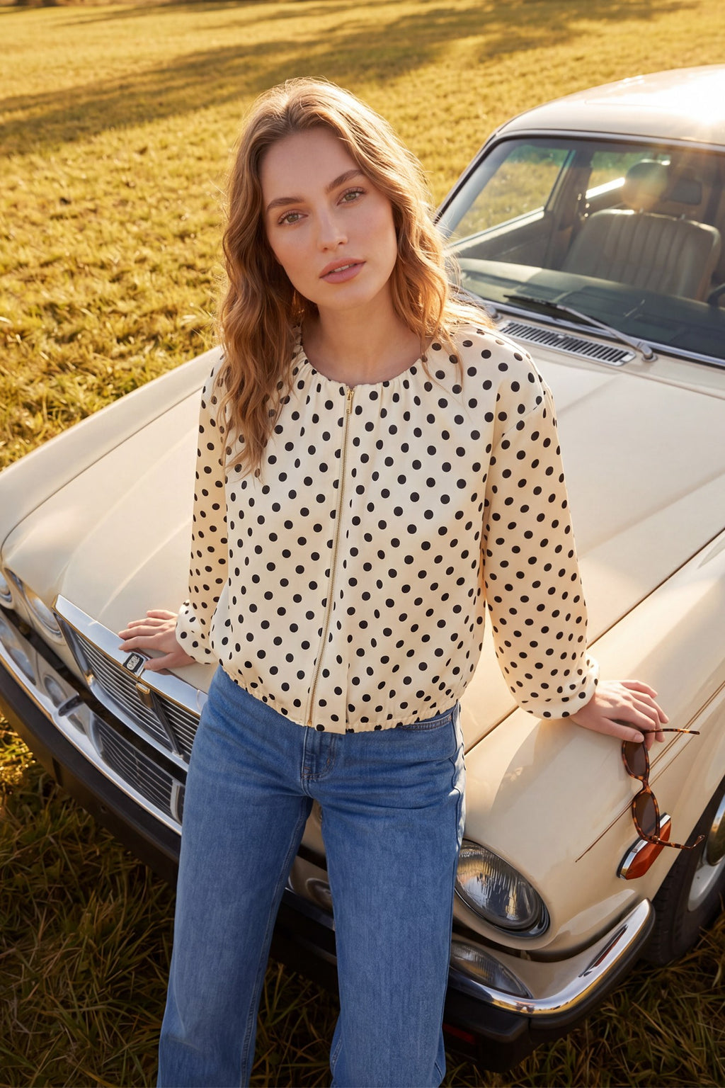 She+Sky Ivory & Black Polka Dot Zip Front Blouse
