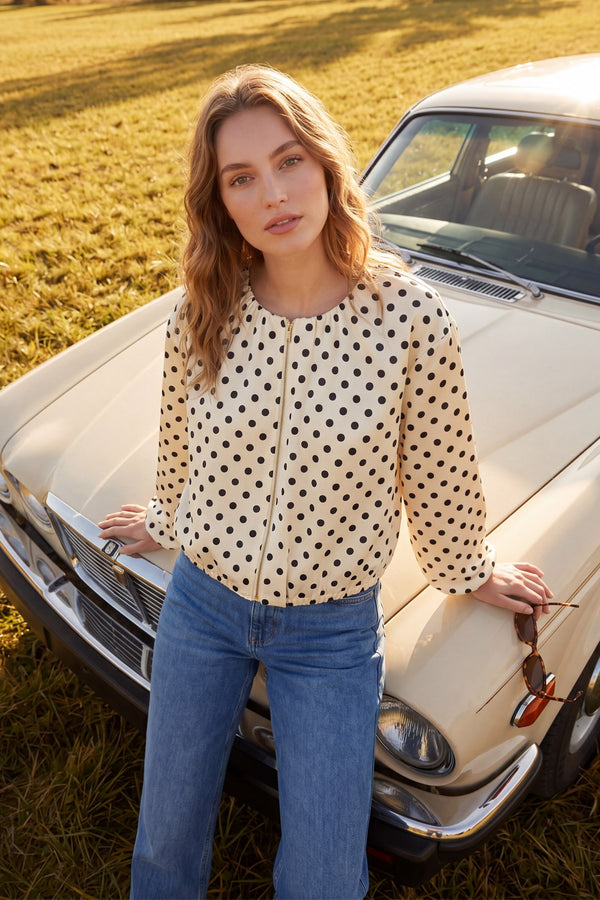 She+Sky Ivory & Black Polka Dot Zip Front Blouse