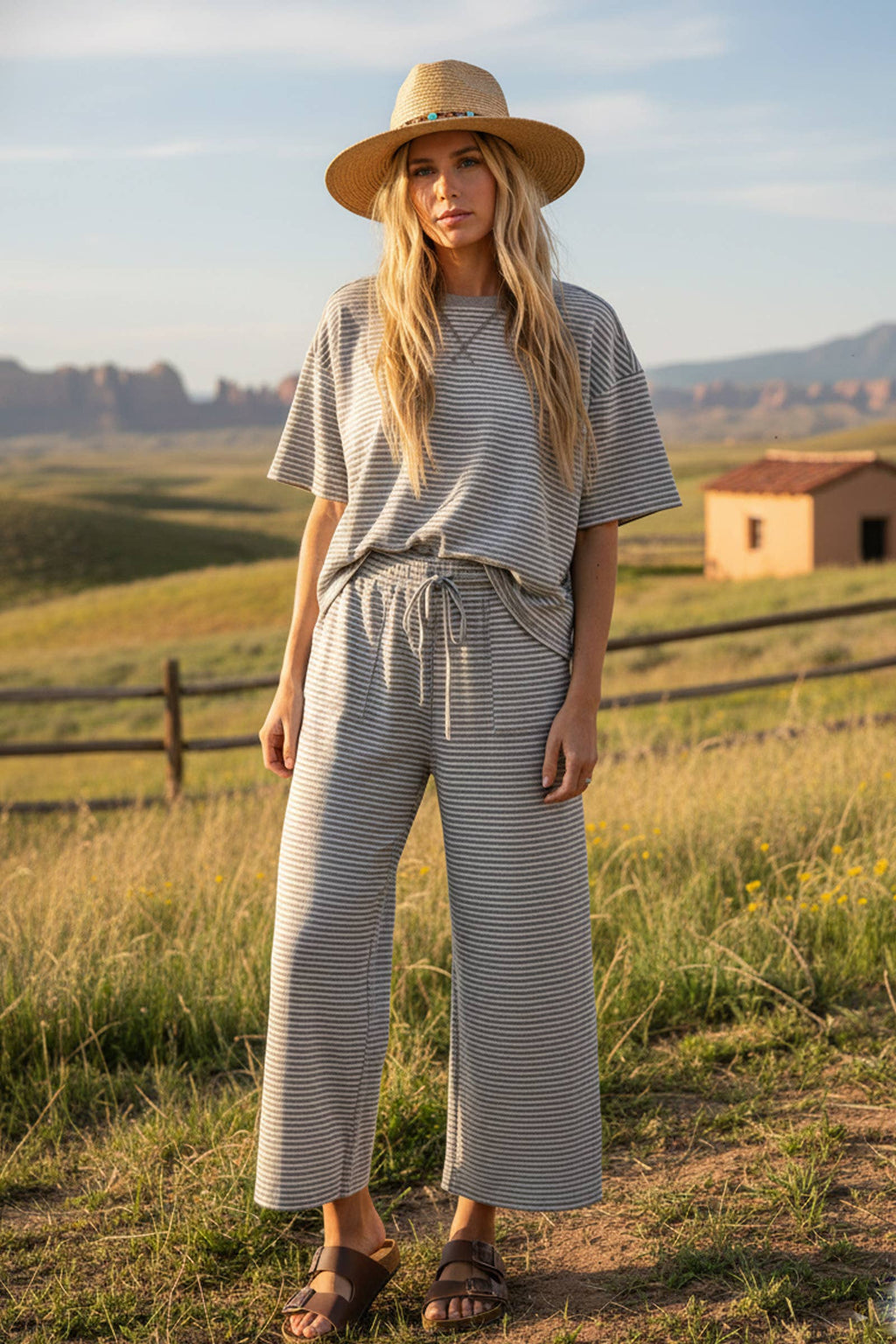 Heather Grey Striped Knit Top and Pant Set