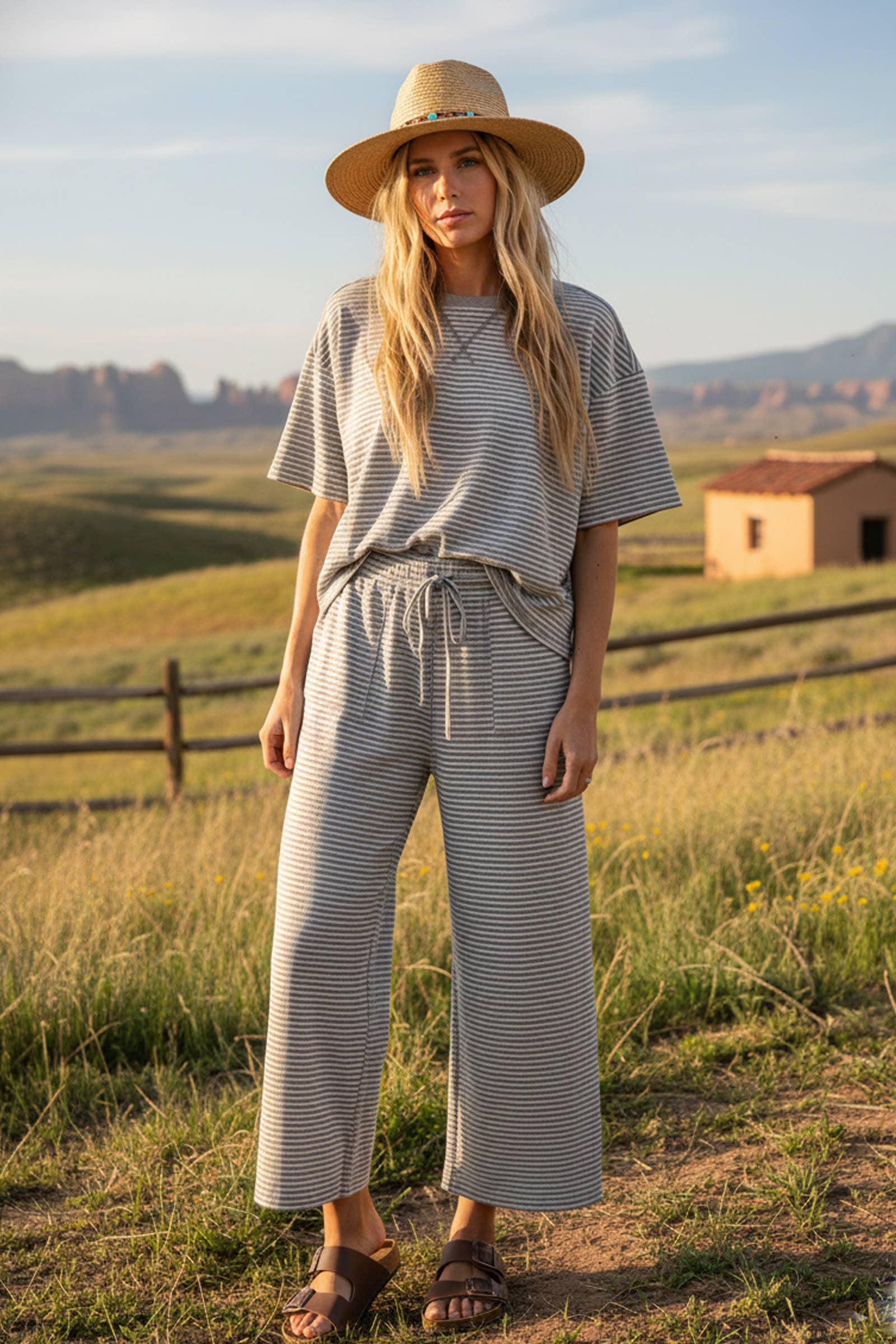 Heather Grey Striped Knit Top and Pant Set