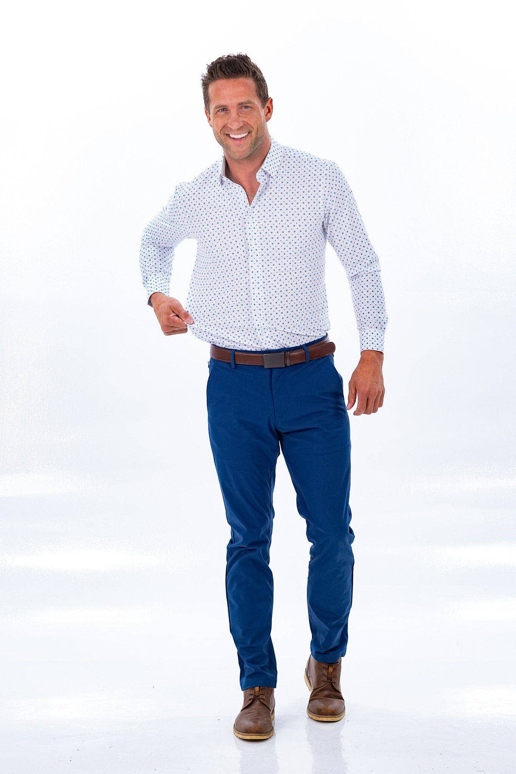 Hustle Performance Dress Shirt - Long Sleeve White Cobalt Diamond