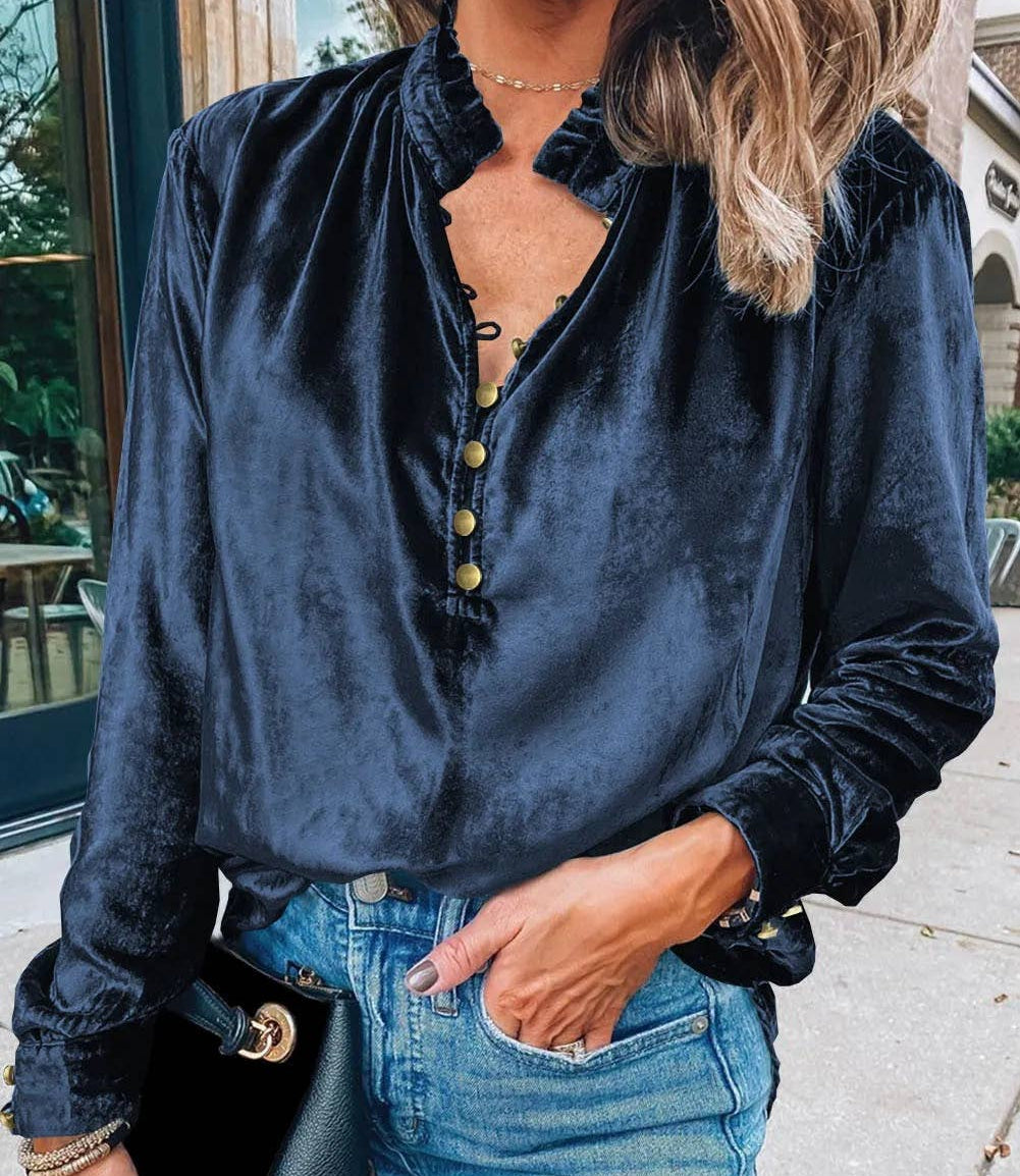 Ruffled Collar Button Front Velvet Blouse