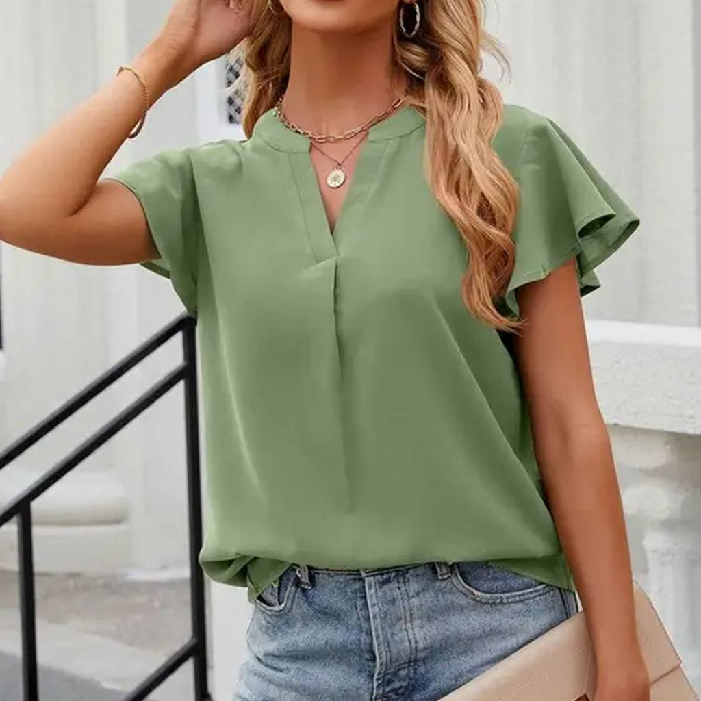 SOLID COLOR V NECK LOOSE SHORT SLEEVE CHIFFON TOP