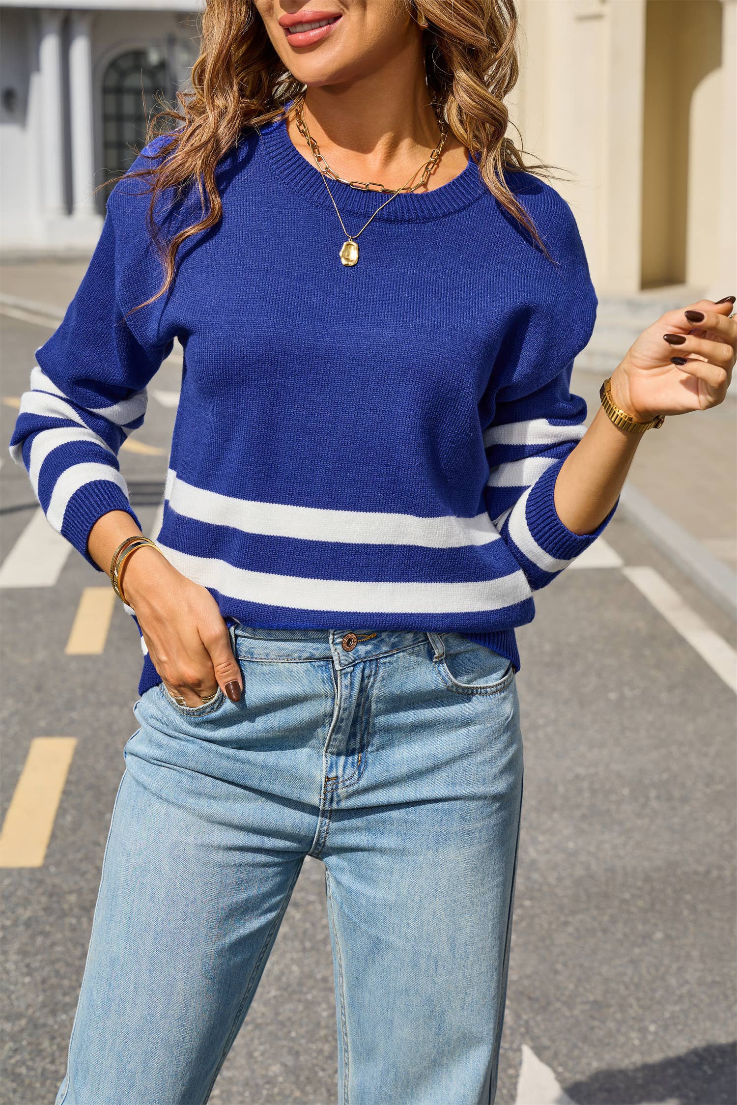 Colorblock Stripe Crewneck Pullover Sweater