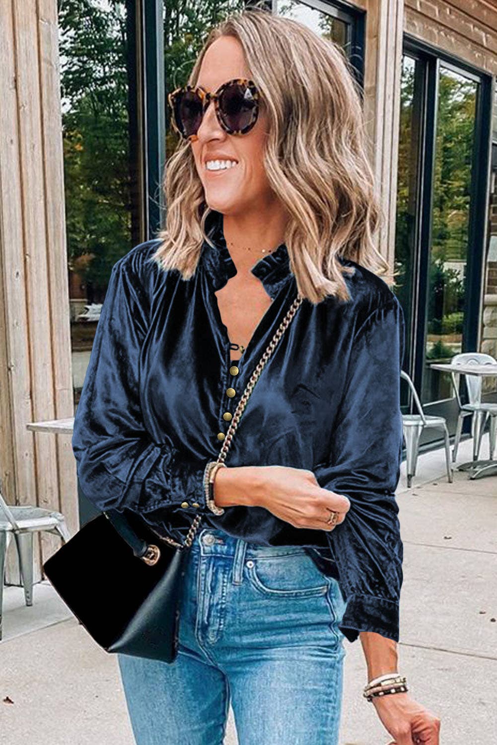 Ruffled Collar Button Front Velvet Blouse