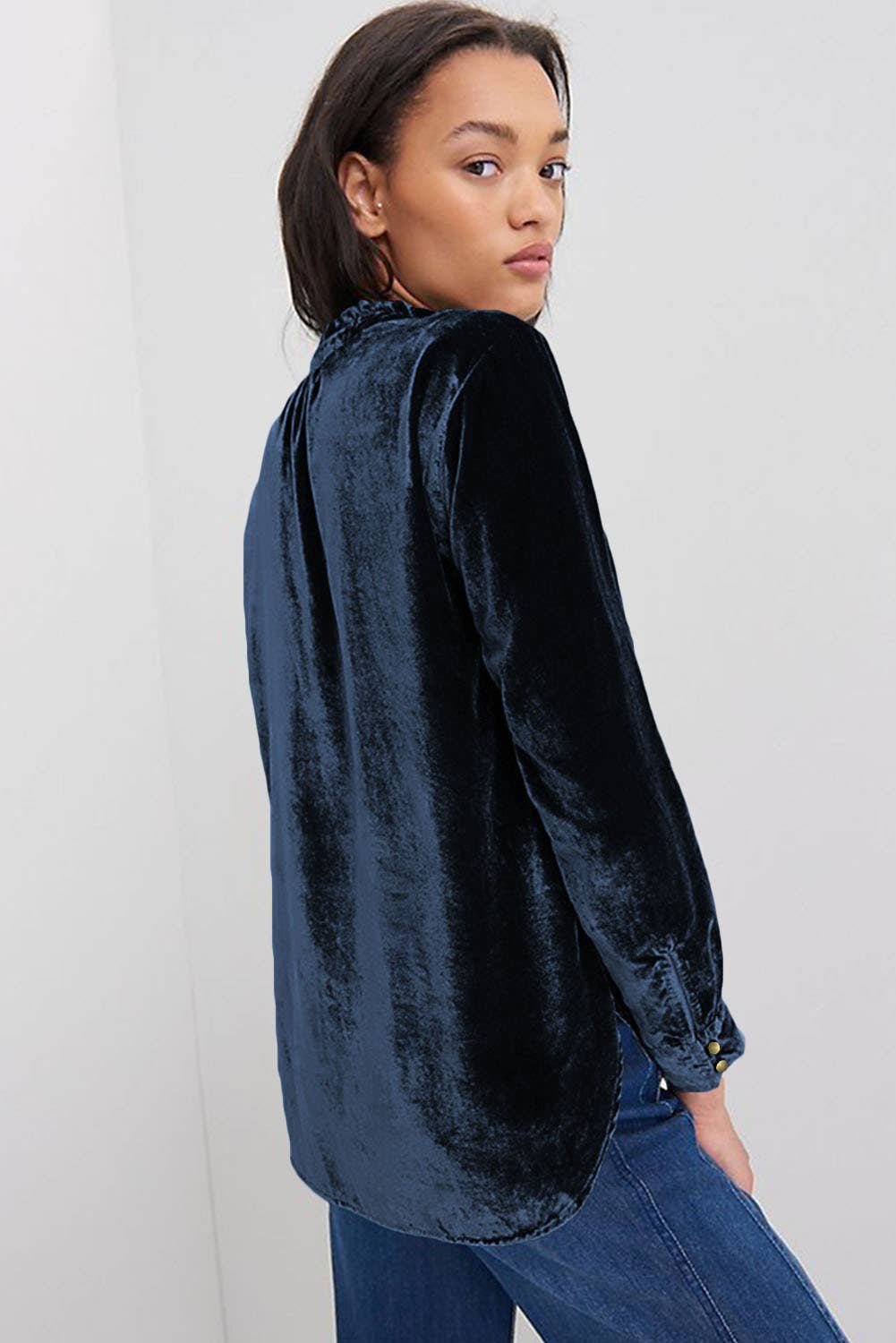 Ruffled Collar Button Front Velvet Blouse