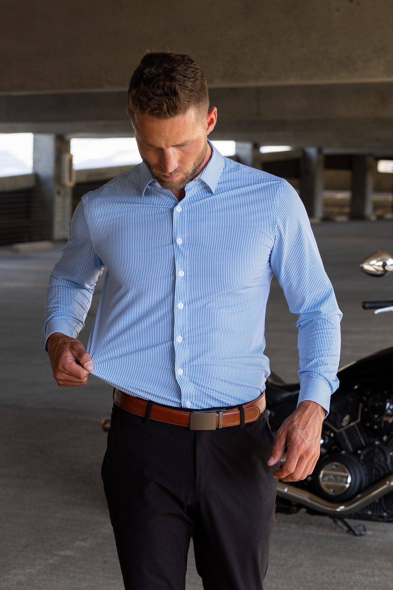 Hustle Performance Dress Shirt - Long Sleeve - Light Blue Banker Stripe