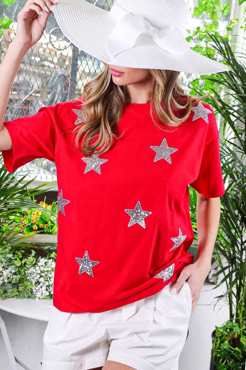 Star Sequin Crew Neck 100%Cotton Knit Top
