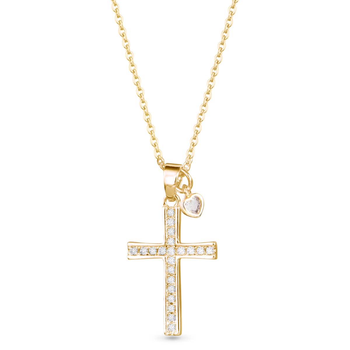 Pave Cross with Heart Droplet Necklace -  Gold