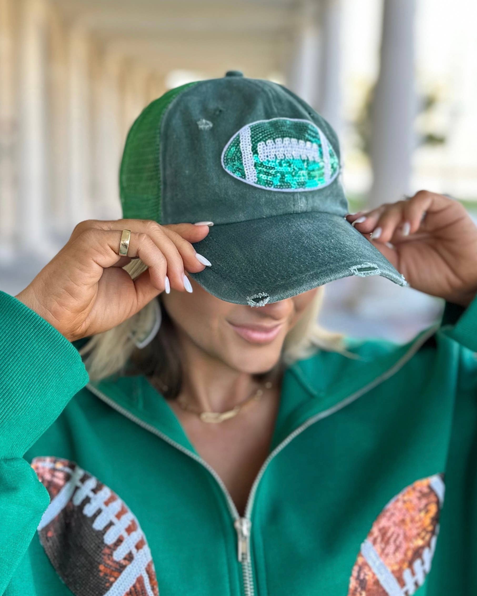 Green Sequin Football-Patch Cap