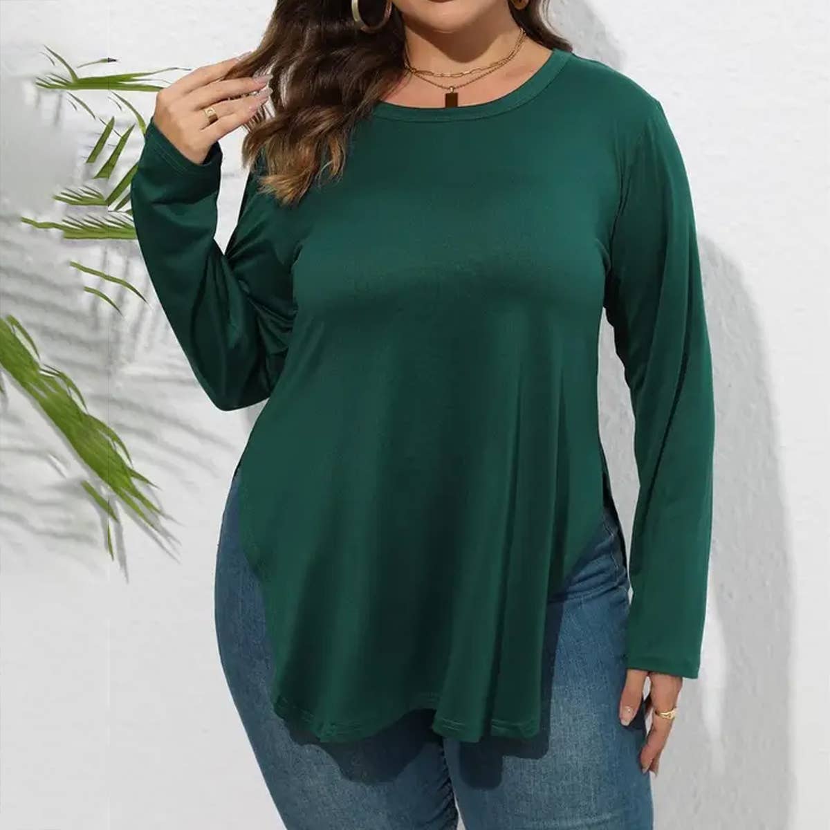 WOMEN PLUS SIZE SIDE SLIT LONG SLEEVE T SHIRT- FINAL SALE 50% OFF