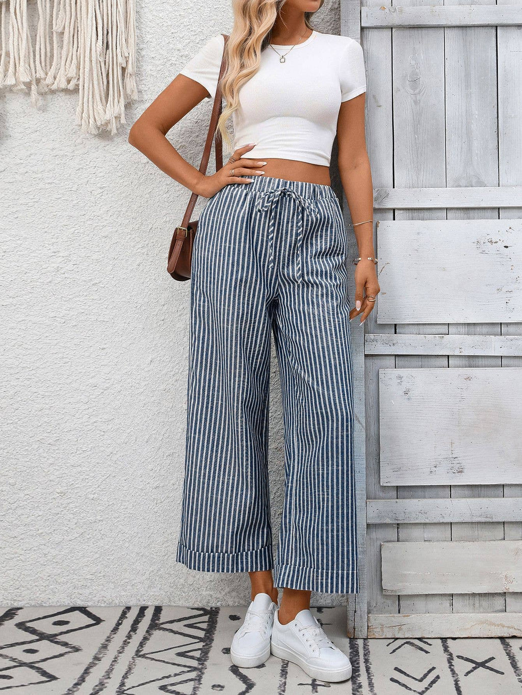 Striped Drawstring Wide Leg Lounge Pants